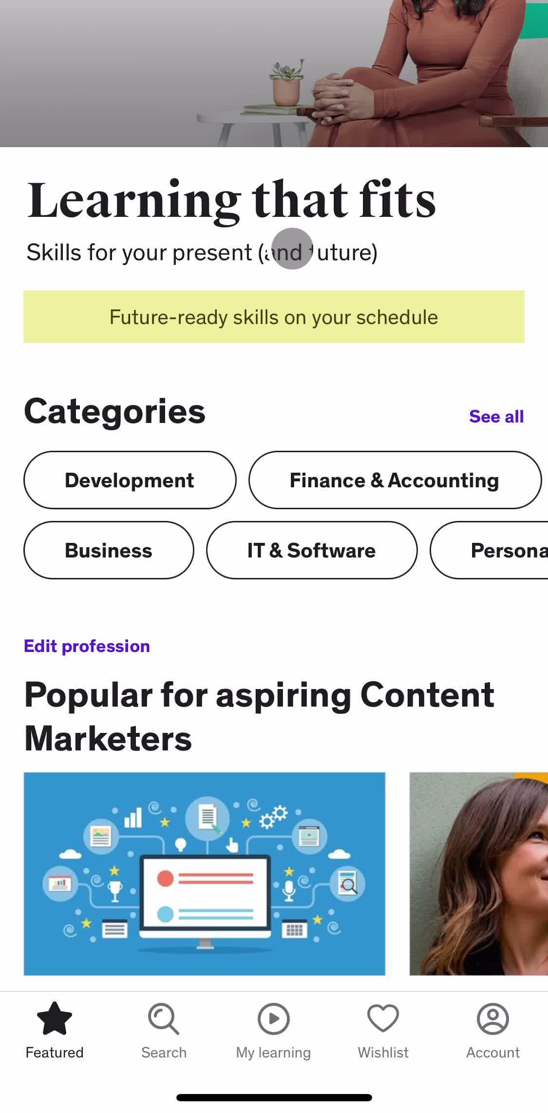 Udemy Home screen in the Searching flow