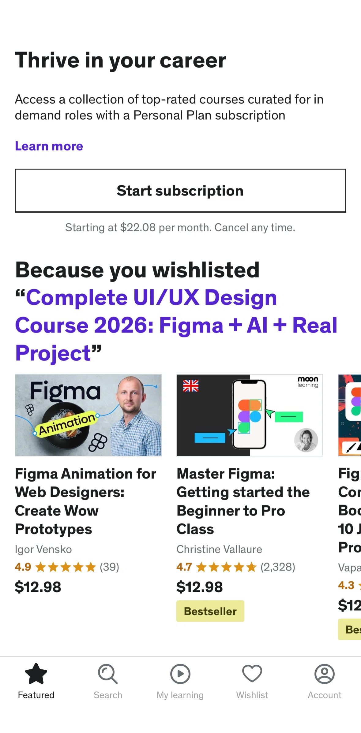 Udemy Screen screen in the Subscription plan flow