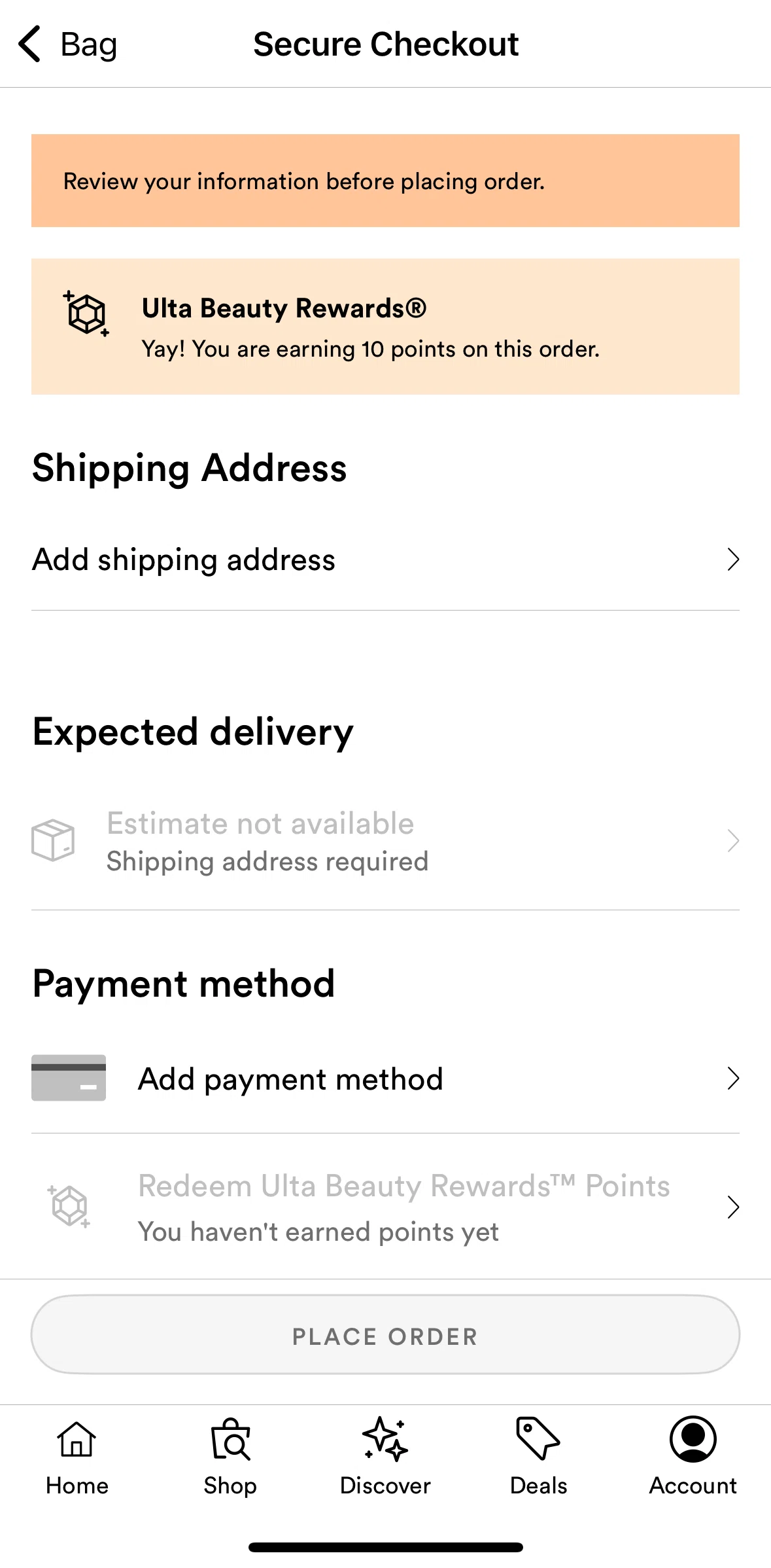 Ulta Beauty Screen screen in the Adding a shipping address flow