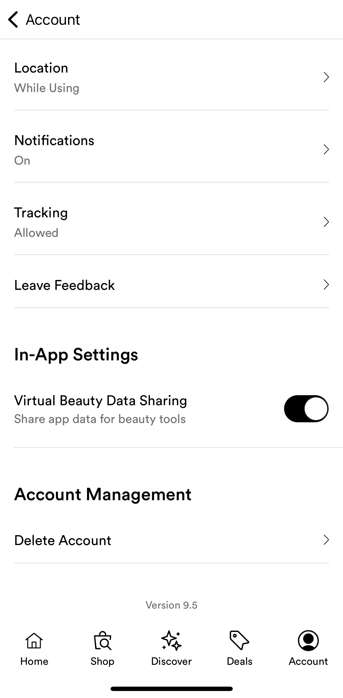 Ulta Beauty Screen screen in the Delete an account flow