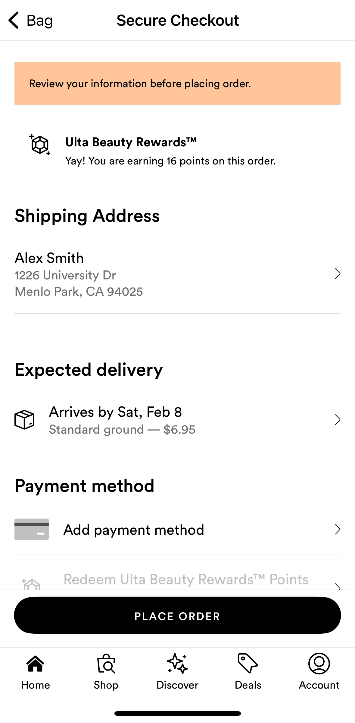 Ulta Beauty Screen screen in the Expected delivery flow