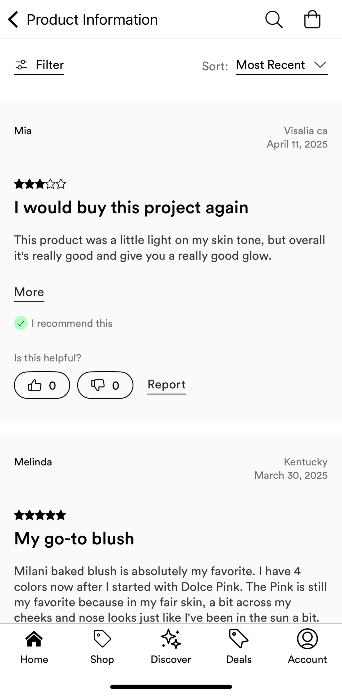 Ulta Beauty Screen screen in the Filtering reviews flow