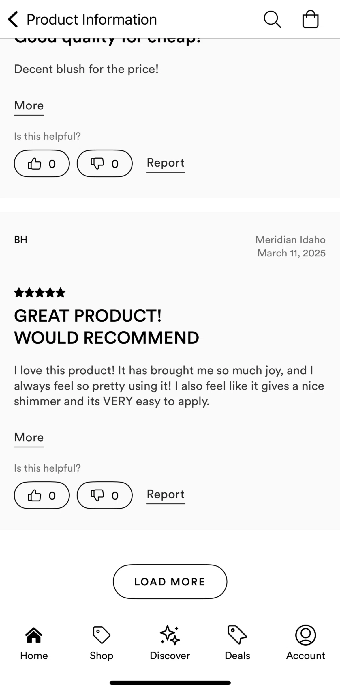 Ulta Beauty Screen screen in the Liking a review flow