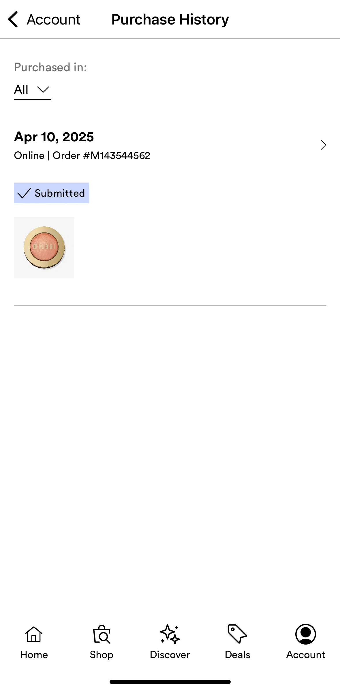 Ulta Beauty Screen screen in the Order history flow