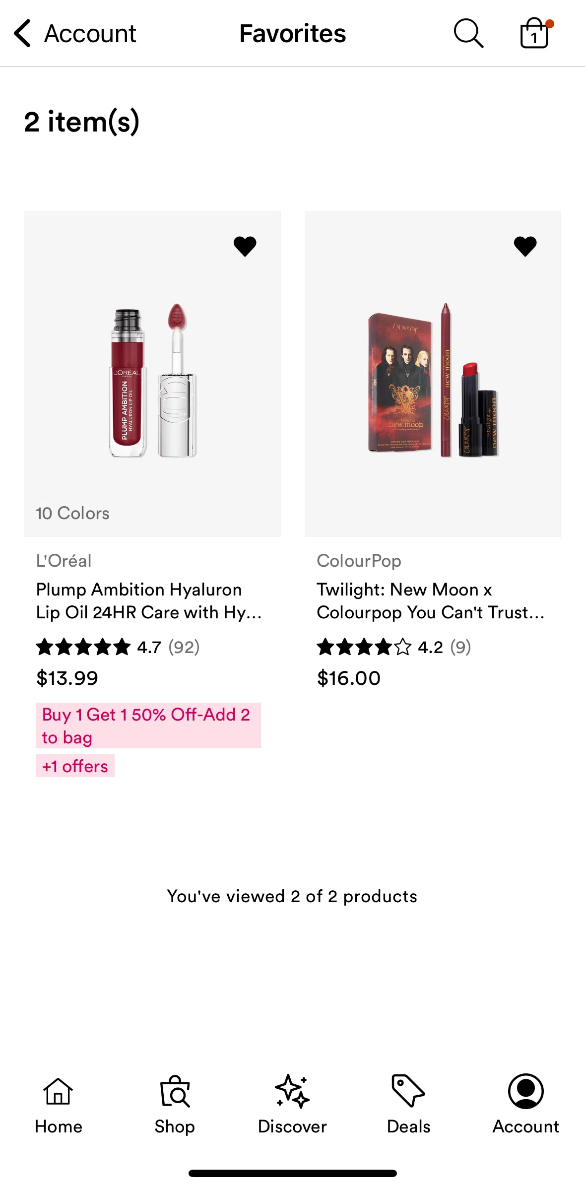 Ulta Beauty Screen screen in the Removing an item from favorites flow