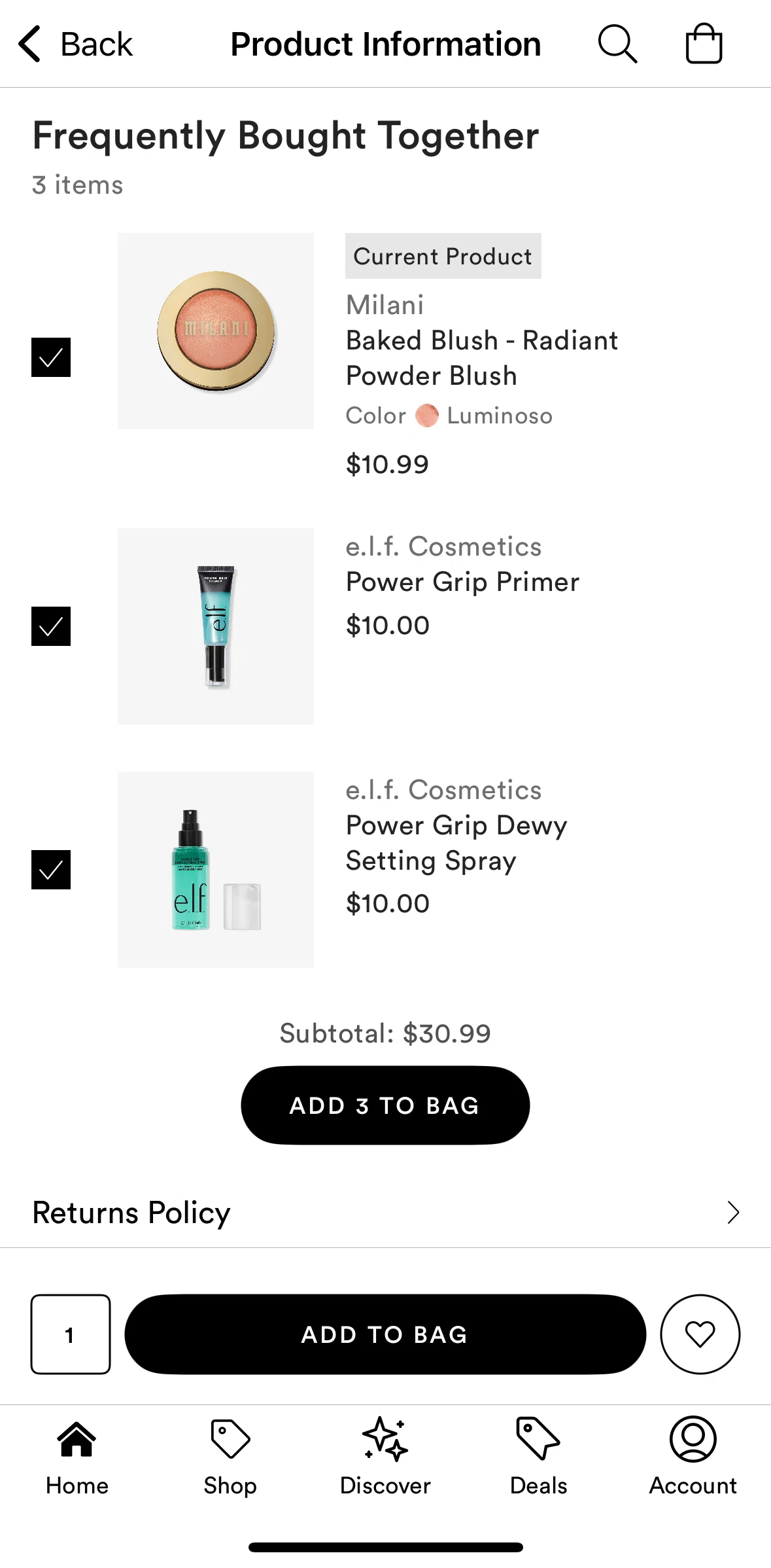 Ulta Beauty Screen screen in the Returns policy flow
