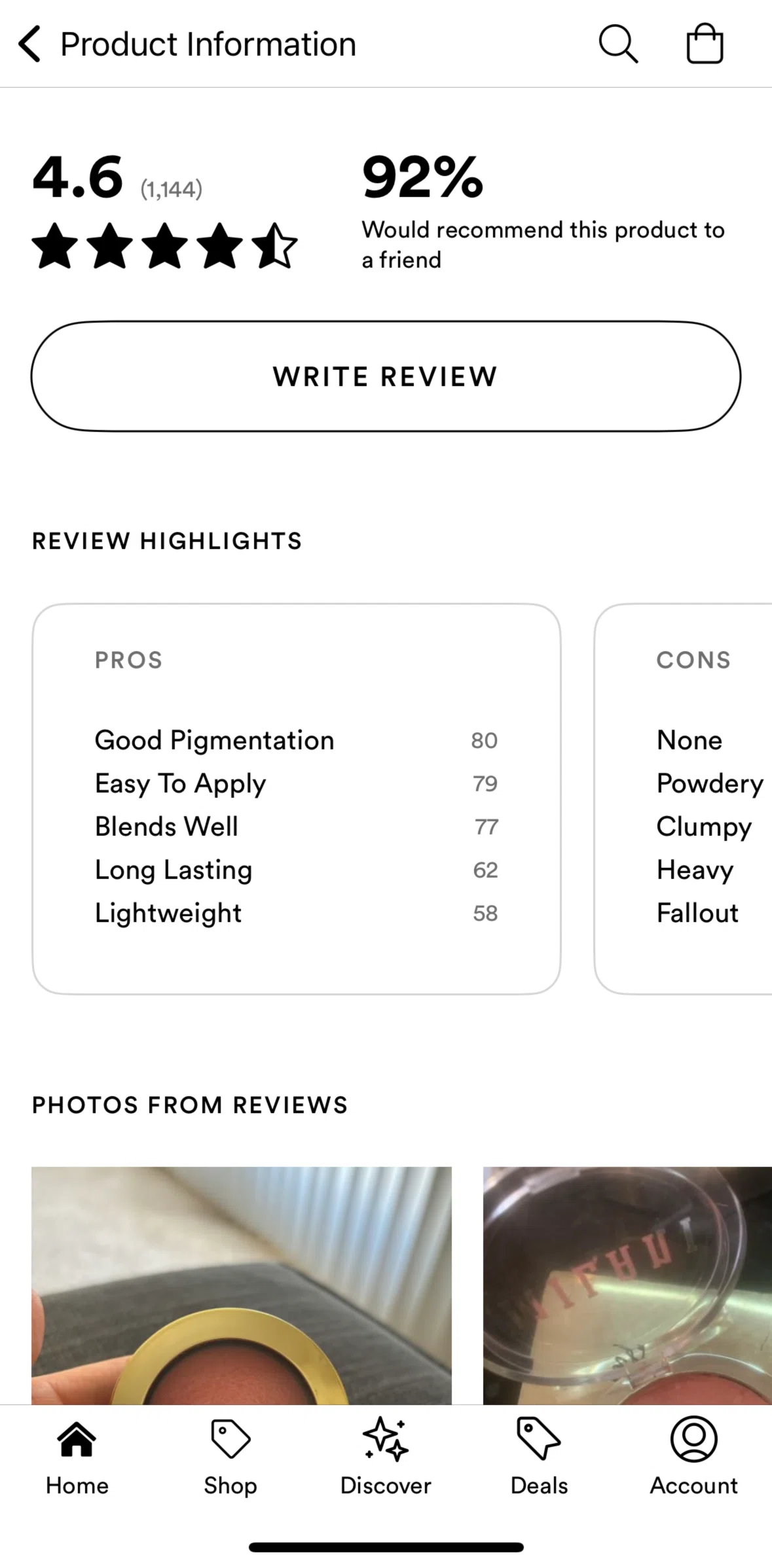 Ulta Beauty Screen screen in the Reviewing a product flow