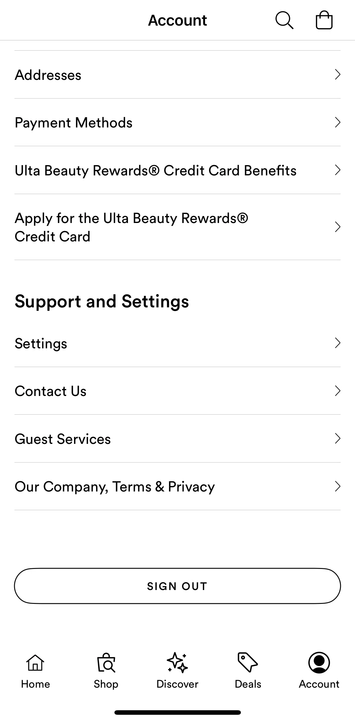 Ulta Beauty Screen screen in the Settings flow