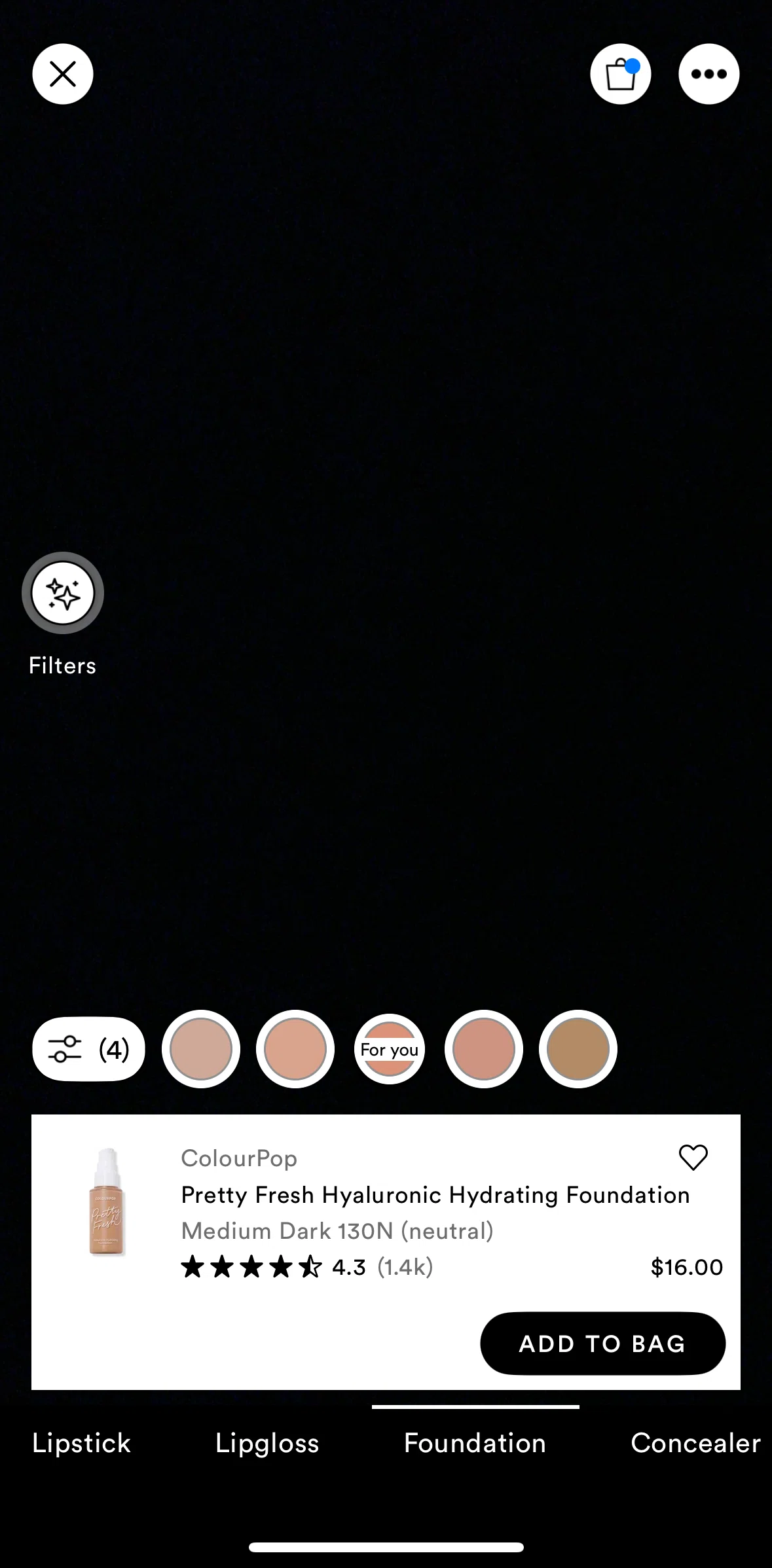 Ulta Beauty Screen screen in the Try-on options flow