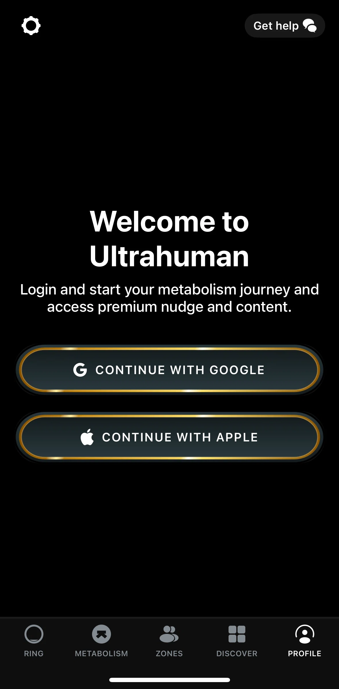 Ultrahuman Screen screen in the Logging in flow