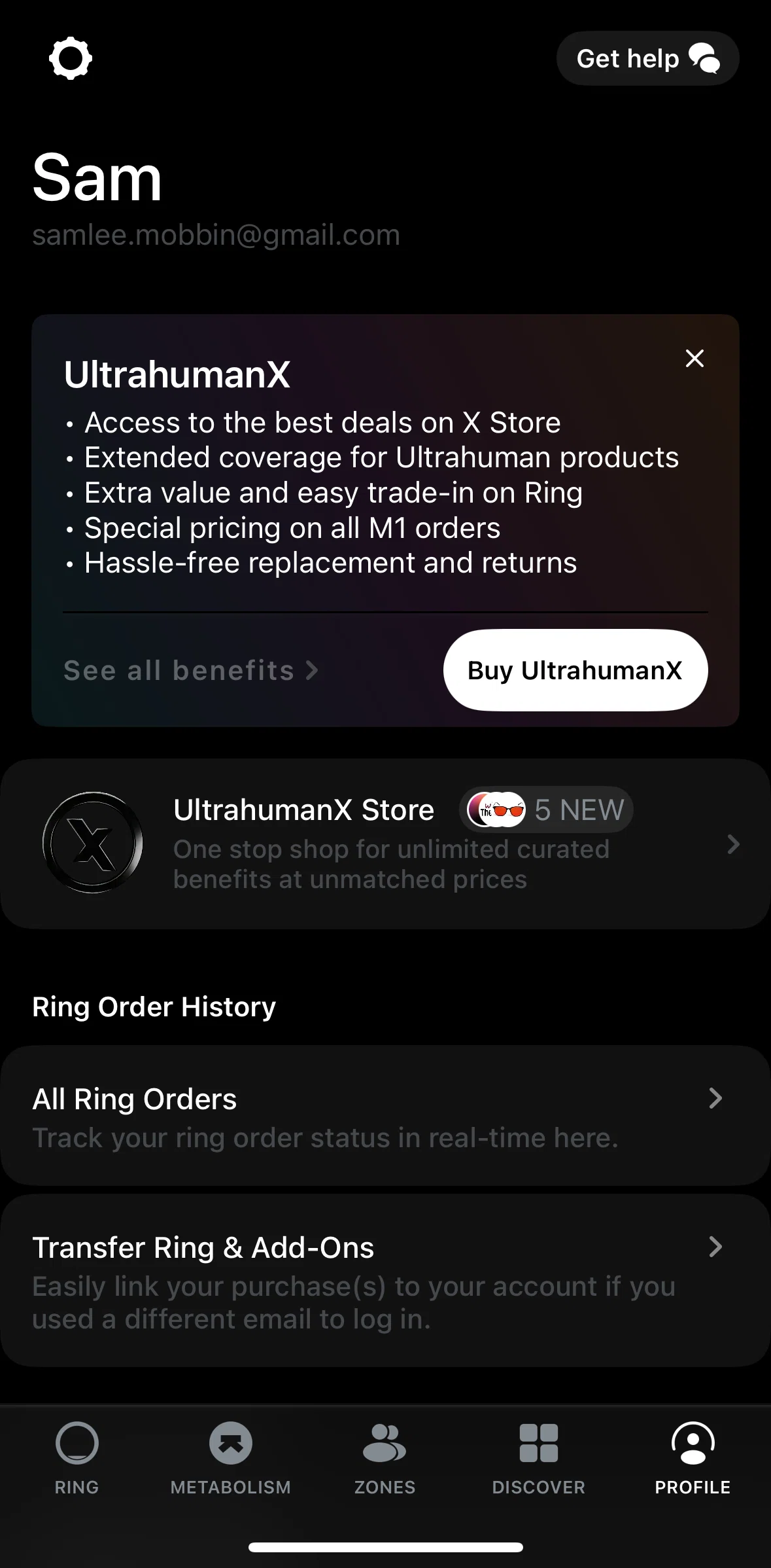 Ultrahuman Screen screen in the Settings flow
