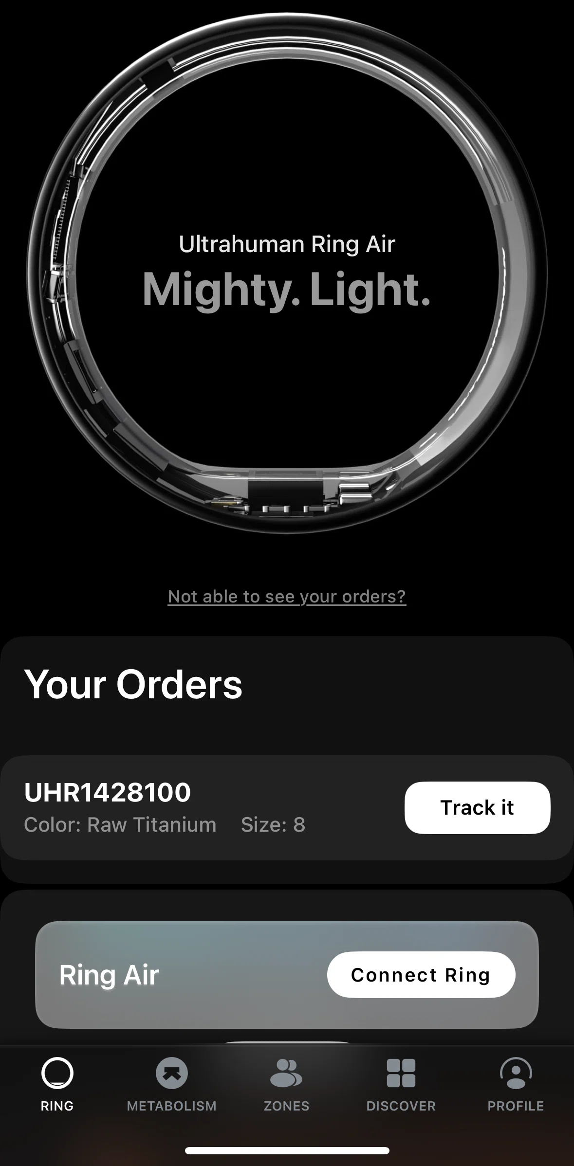 Ultrahuman Screen screen in the Tracking an order flow