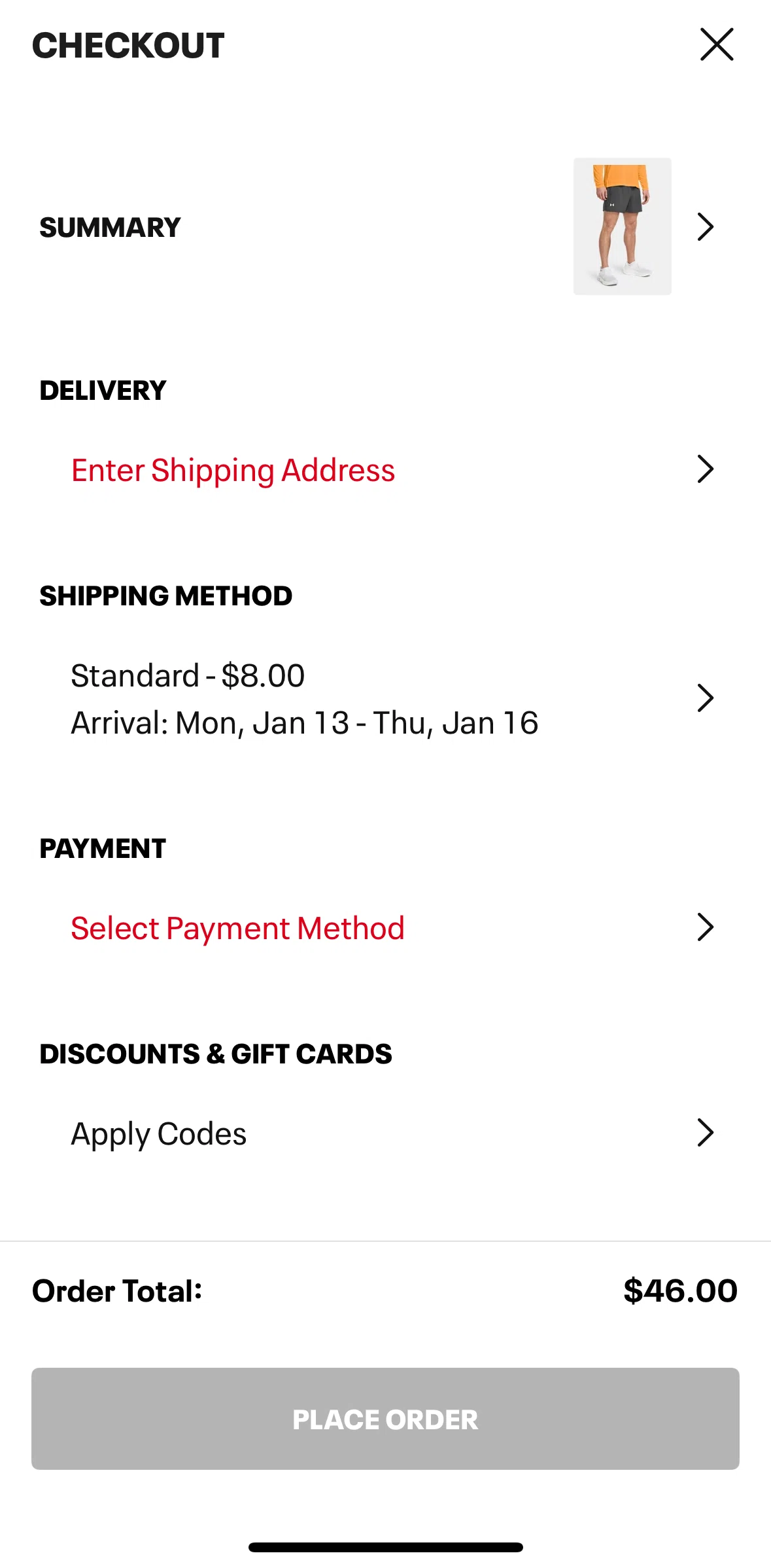 Under Armour Screen screen in the Adding shipping address flow