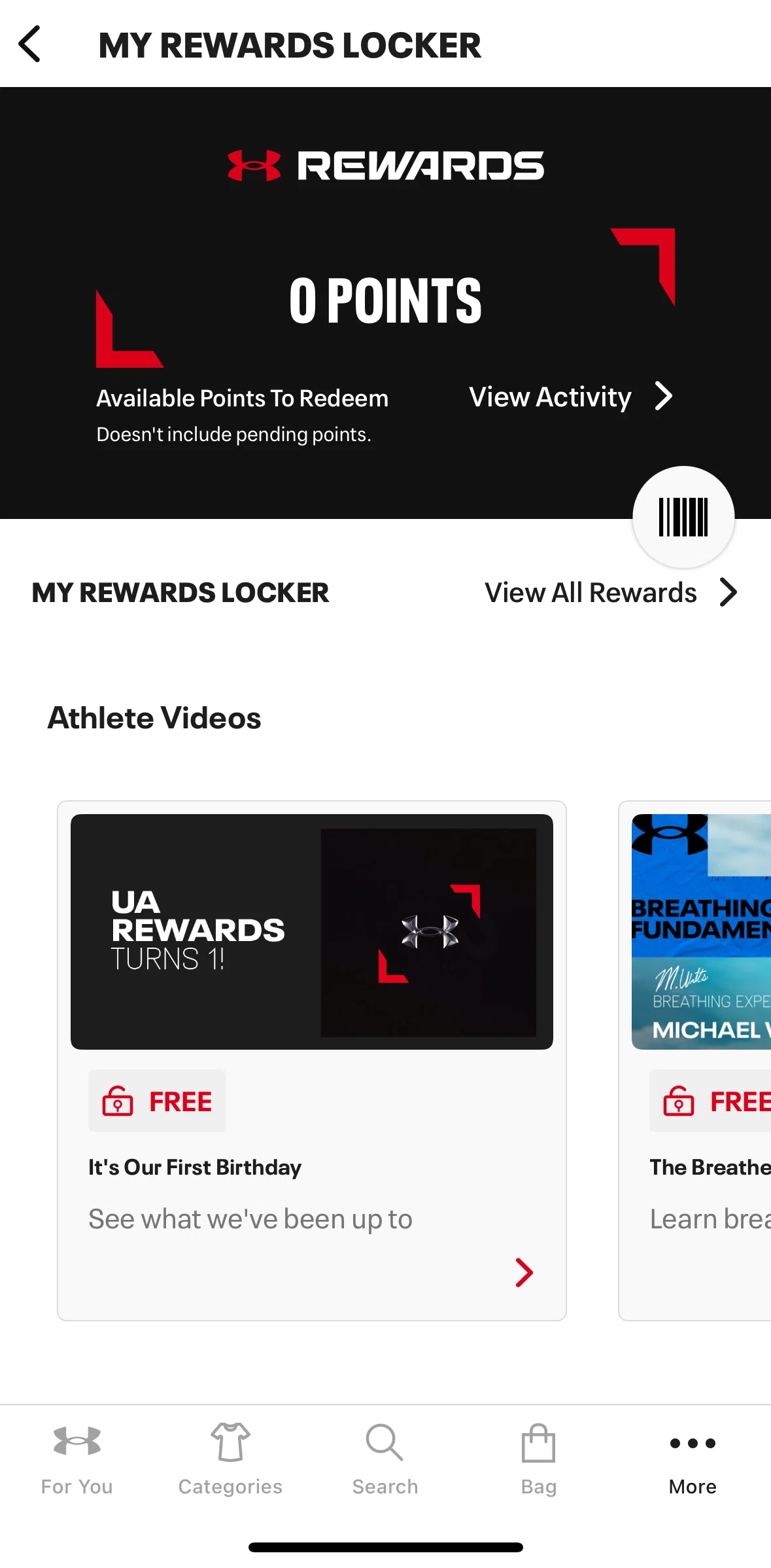 Under Armour Screen screen in the All rewards flow