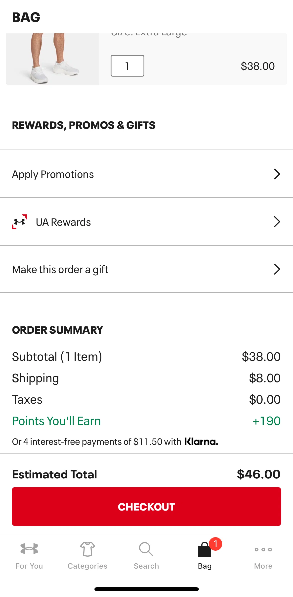 Under Armour Screen screen in the Purchasing a product flow