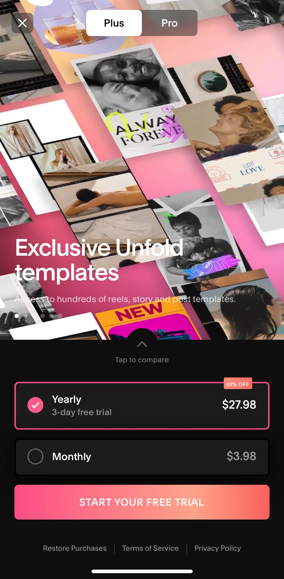 Unfold Screen screen in the Compare plans flow
