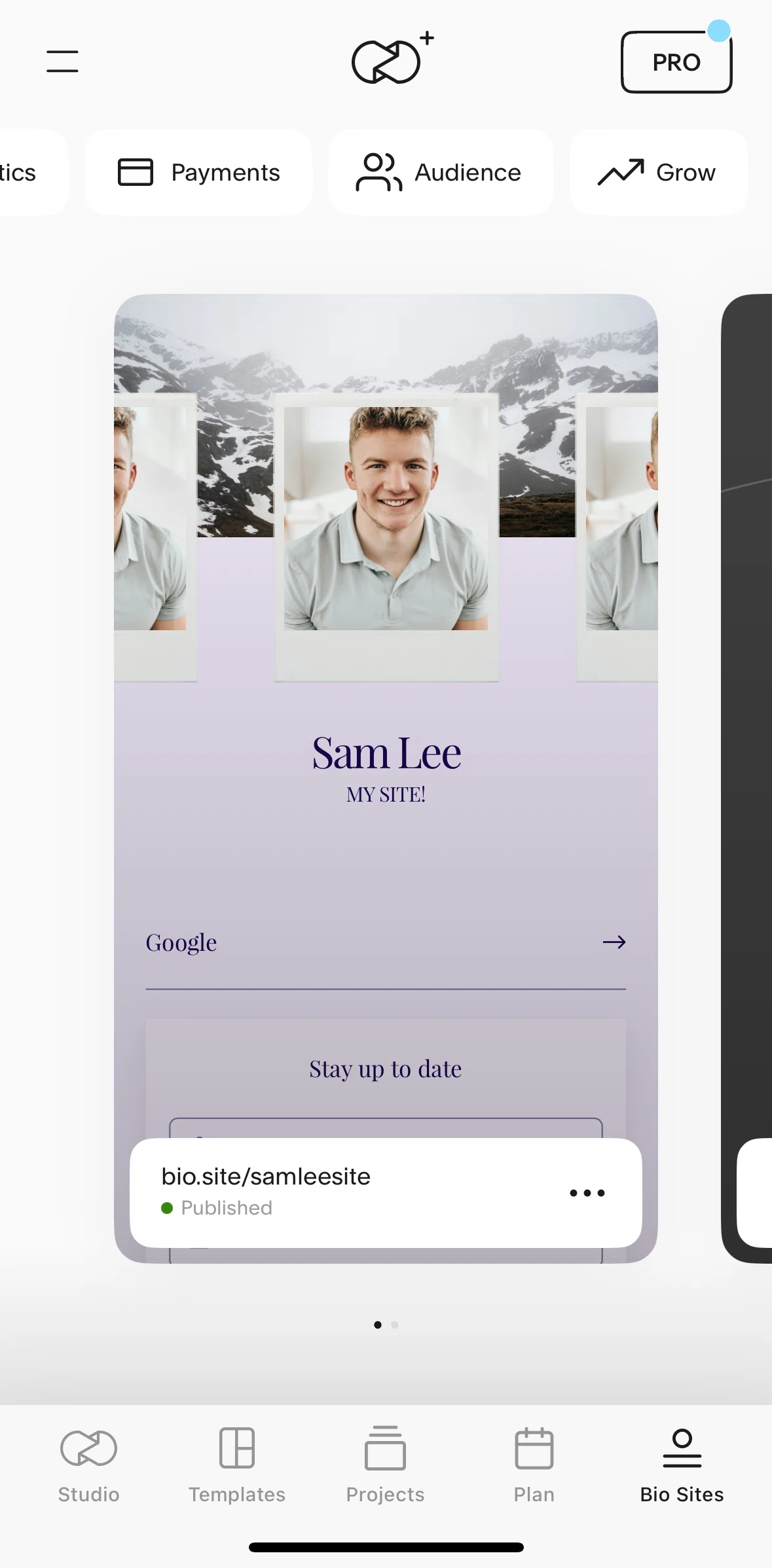 Unfold Screen screen in the Grow (bio site) flow