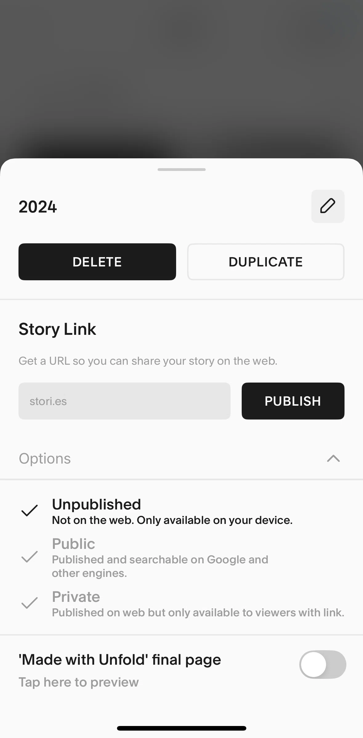 Unfold Screen screen in the Publishing a story link flow