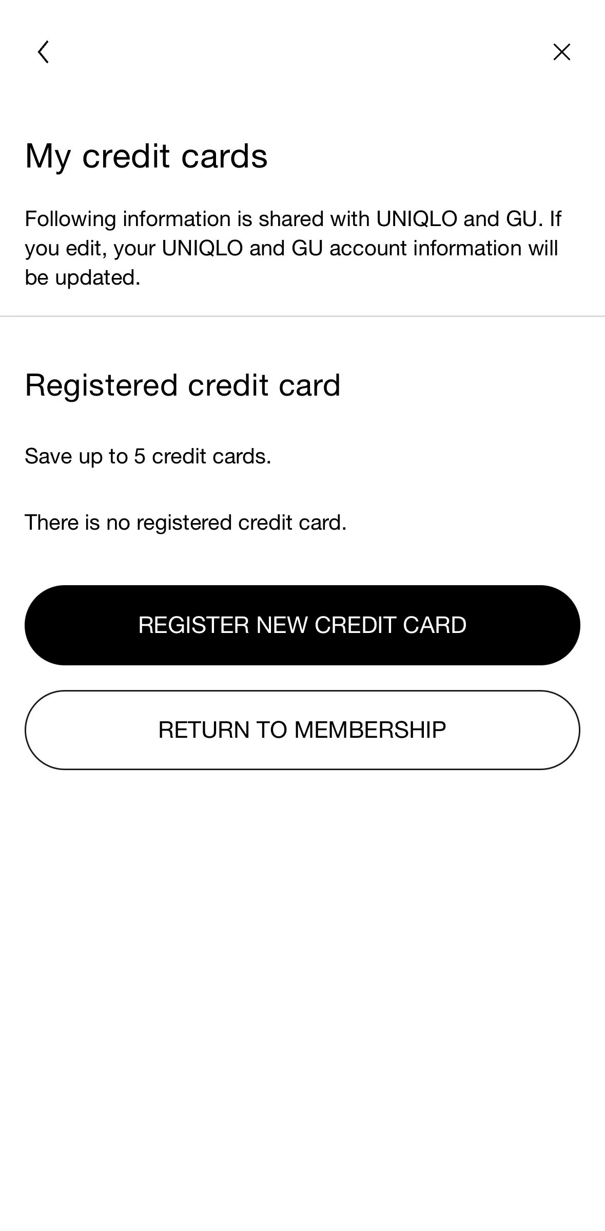 UNIQLO Screen screen in the Adding a credit card (profile) flow