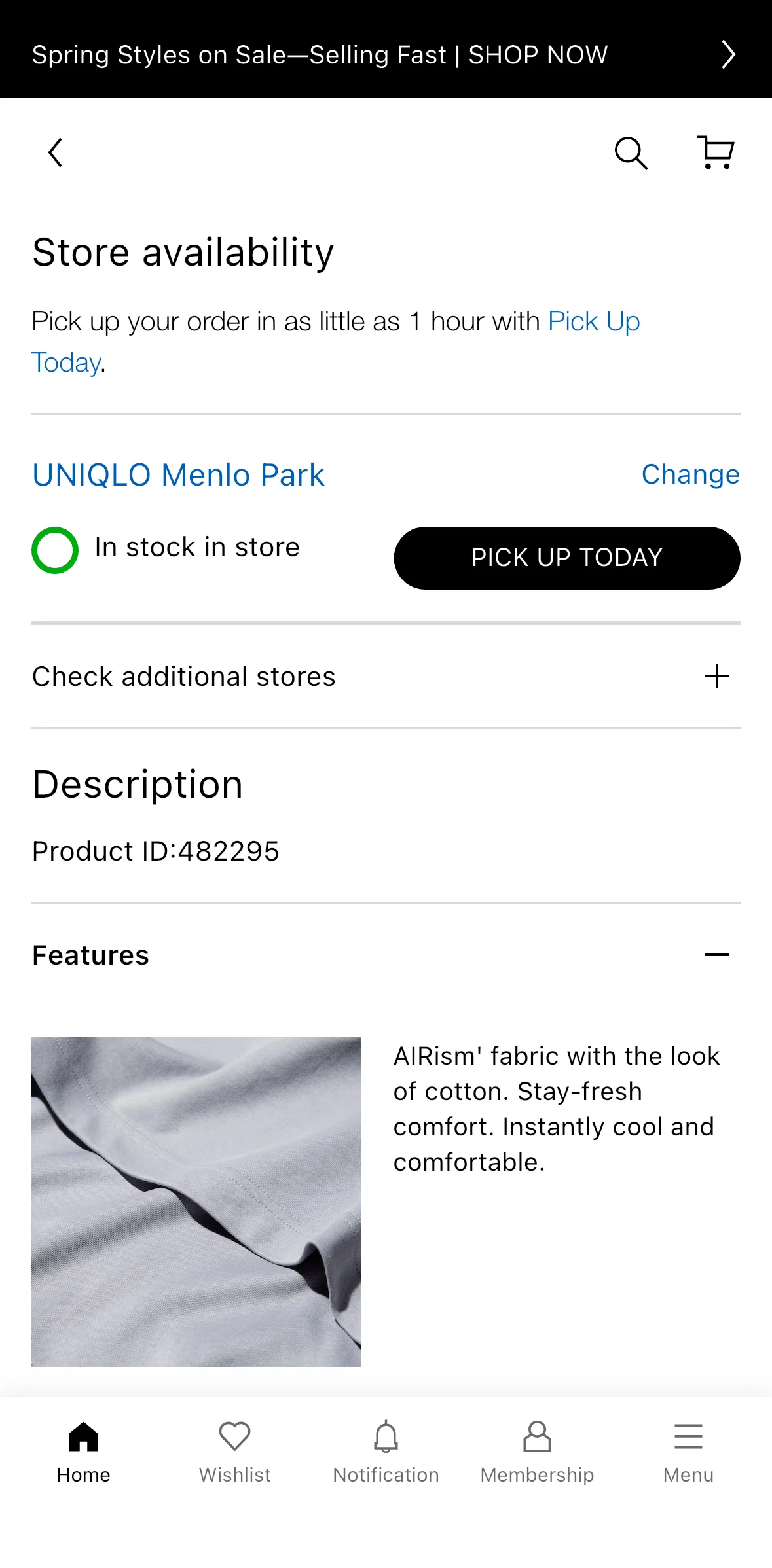 UNIQLO Screen screen in the Adding a product to a cart (pick up) flow