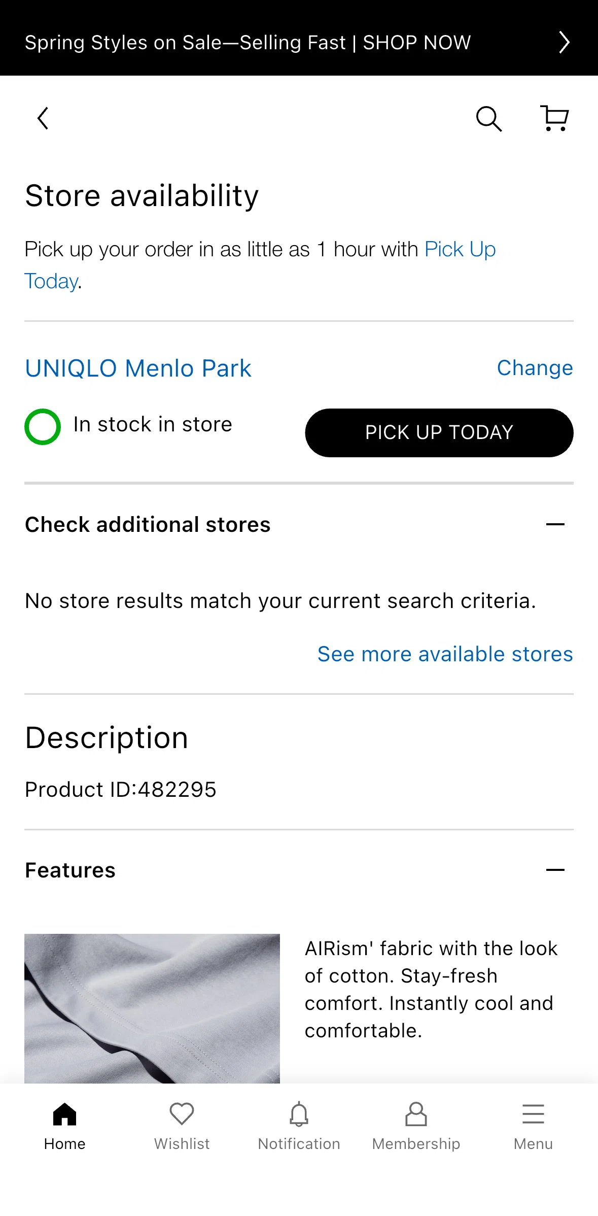 UNIQLO Screen screen in the Available stores flow