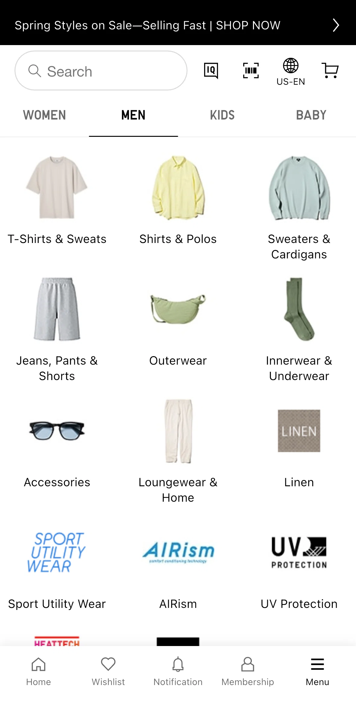 UNIQLO Screen screen in the Browse a category (linen) flow