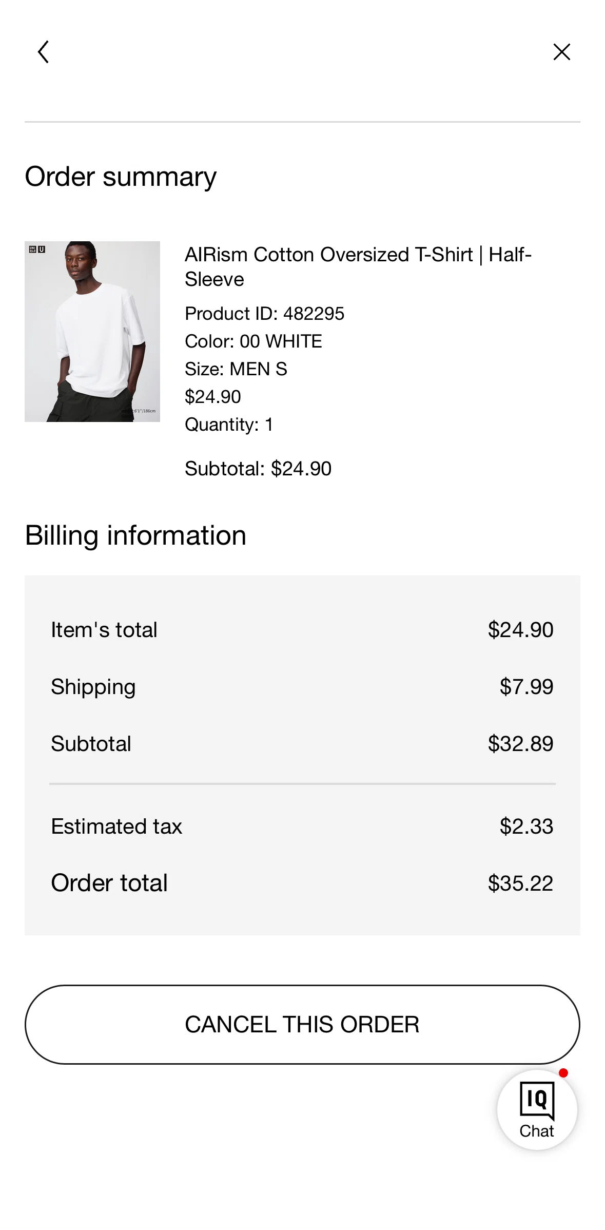 UNIQLO Screen screen in the Canceling an order flow