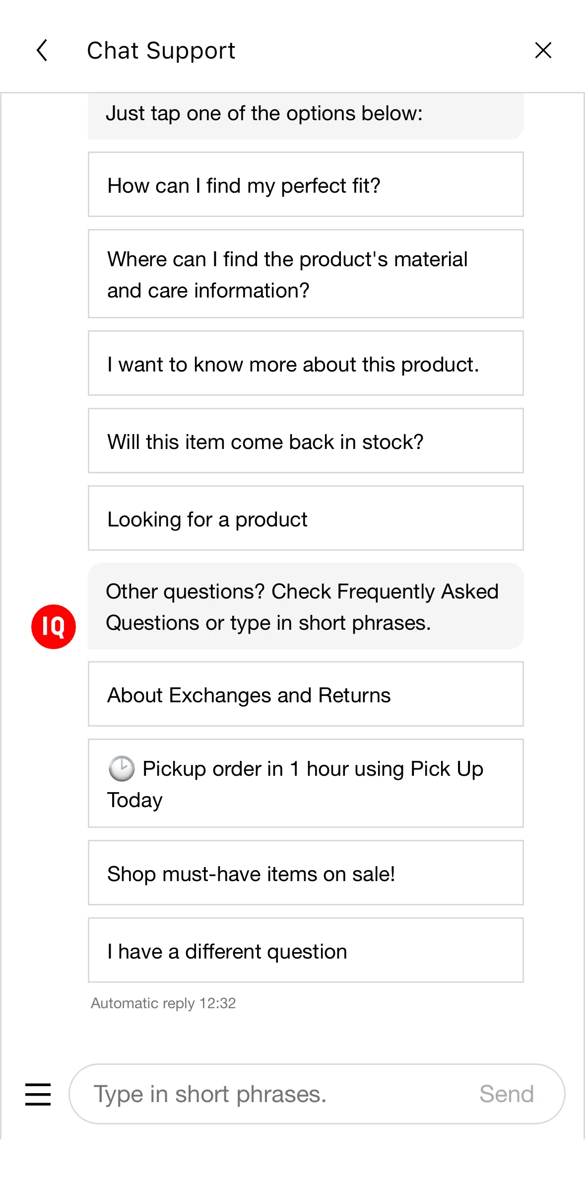 UNIQLO Screen screen in the Chatting with virtual assistant (guided info) flow