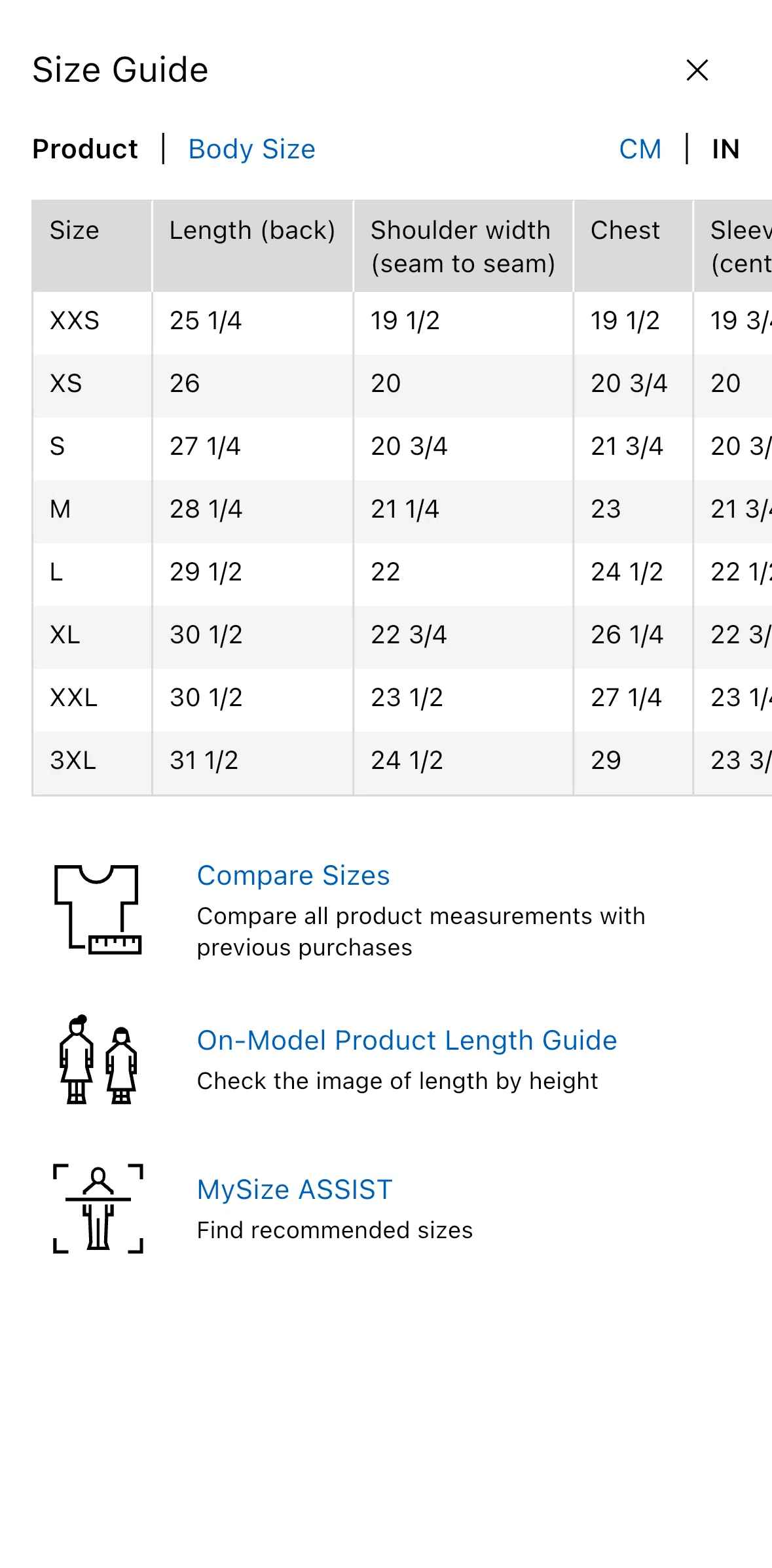 UNIQLO Screen screen in the Compare sizes flow