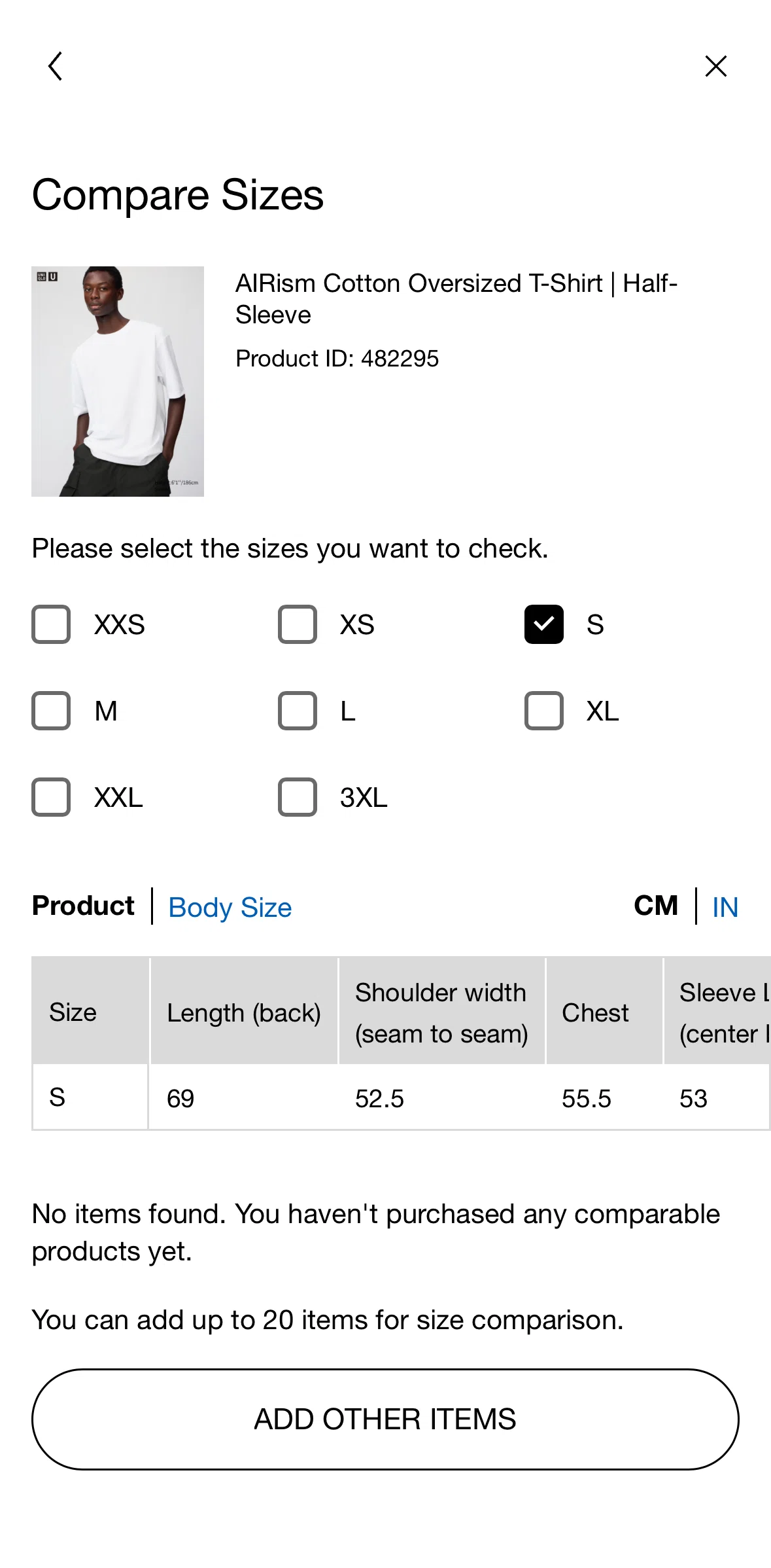 UNIQLO Screen screen in the Comparing product size flow