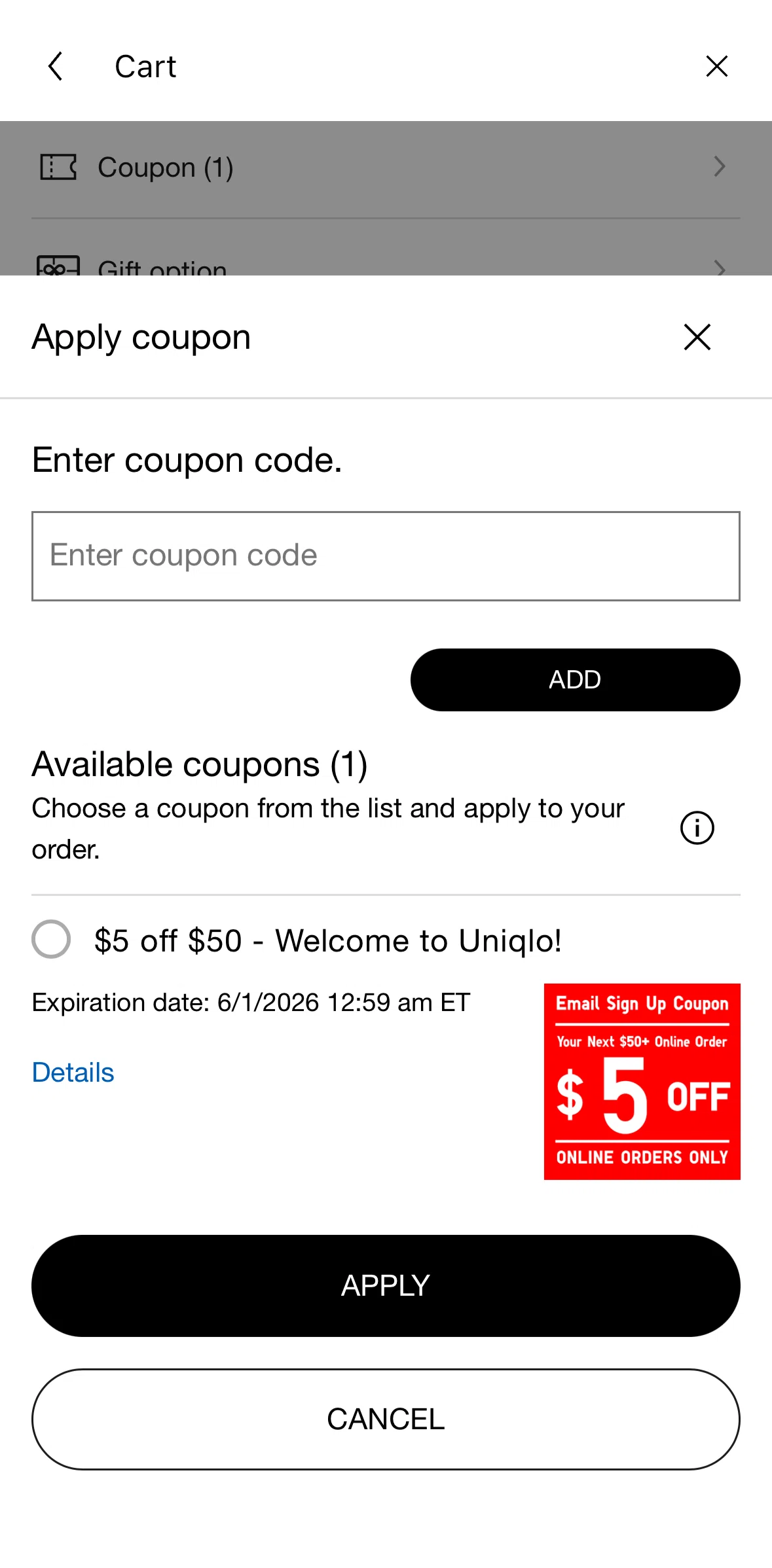 UNIQLO Screen screen in the Coupon detail flow