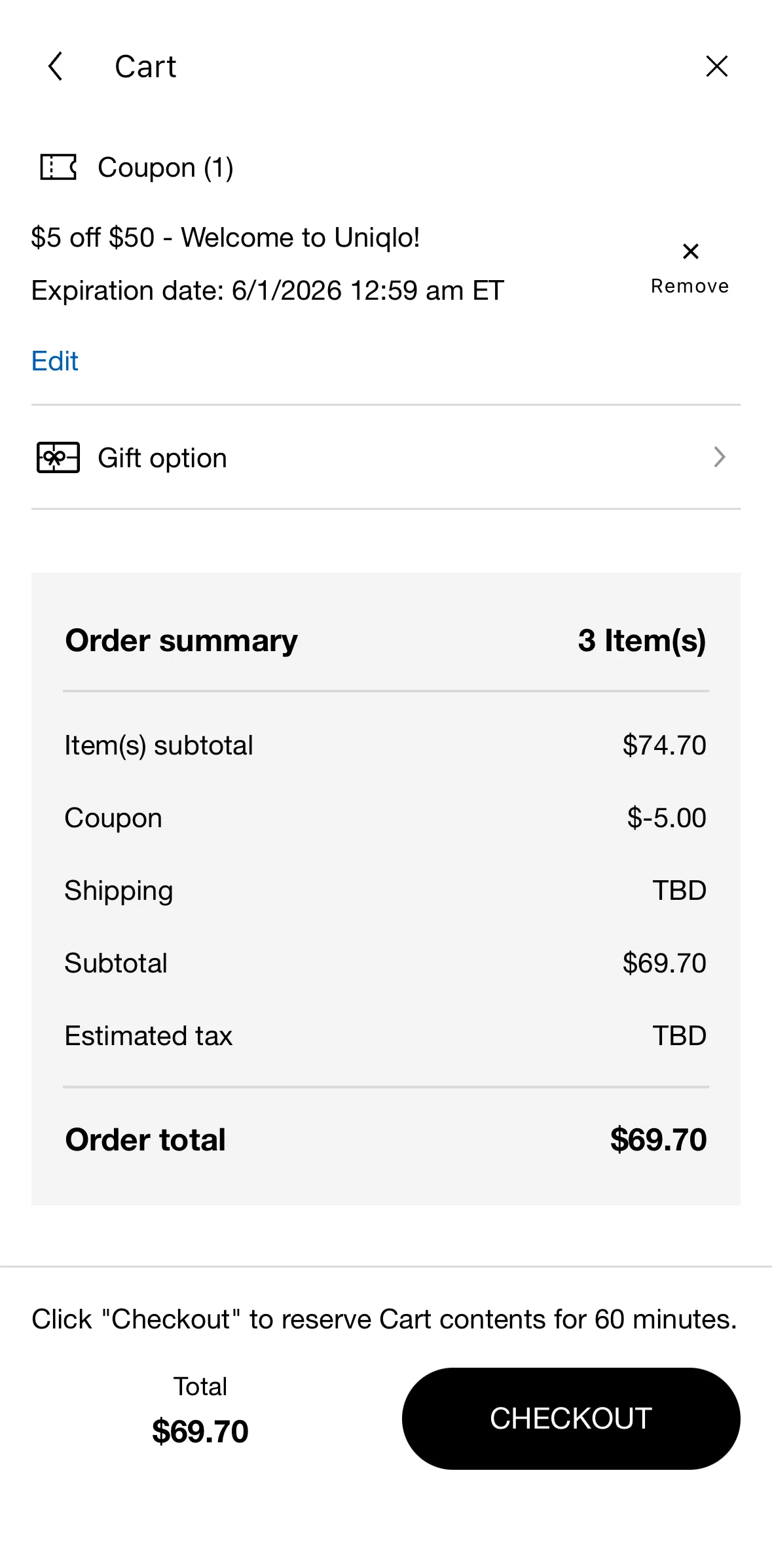 UNIQLO Screen screen in the Removing a coupon flow