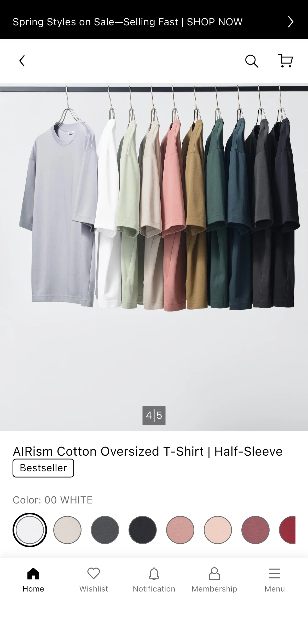 UNIQLO Screen screen in the Selecting a t-shirt color flow