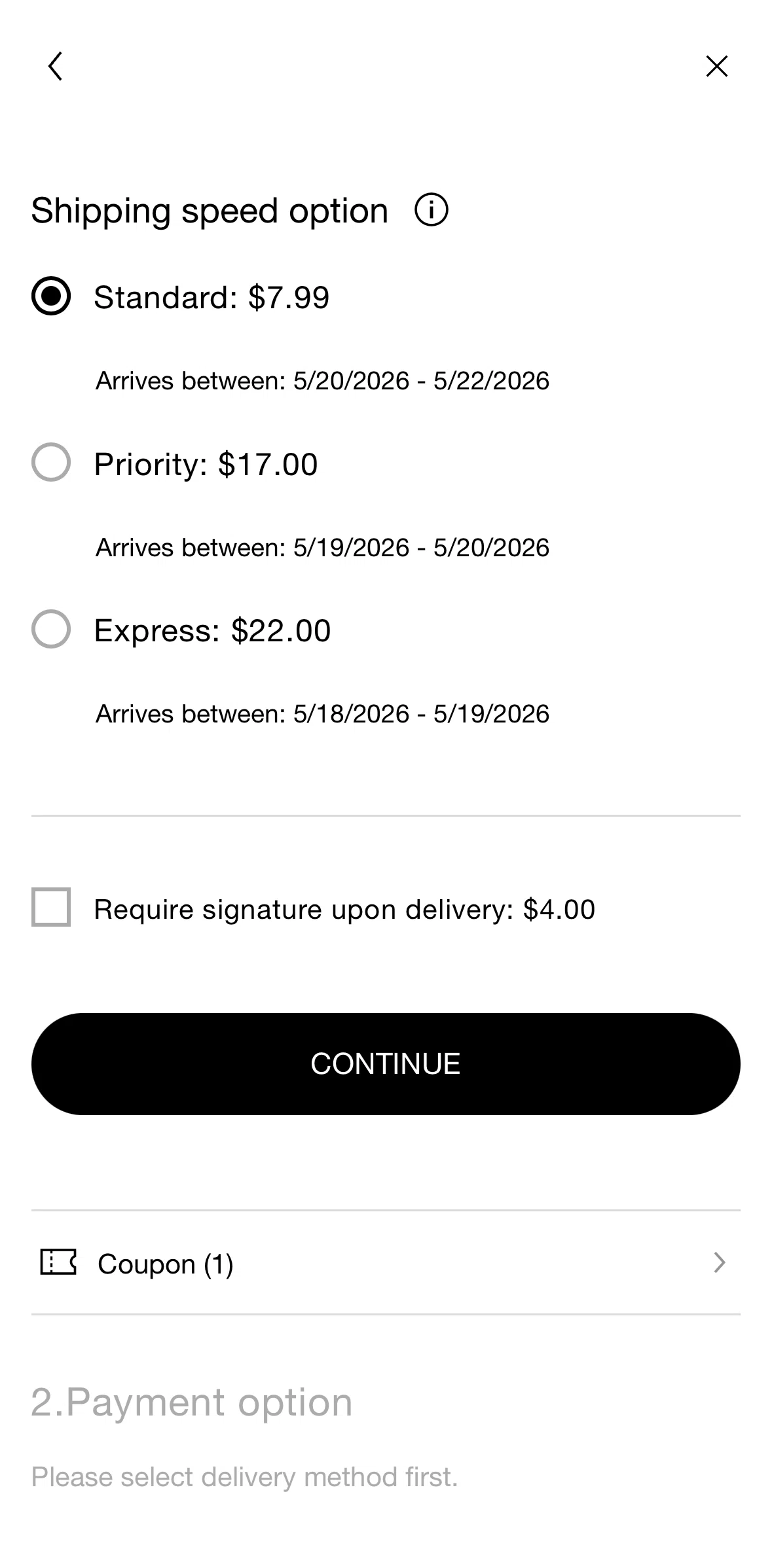 UNIQLO Screen screen in the Shipping speed and fee information flow