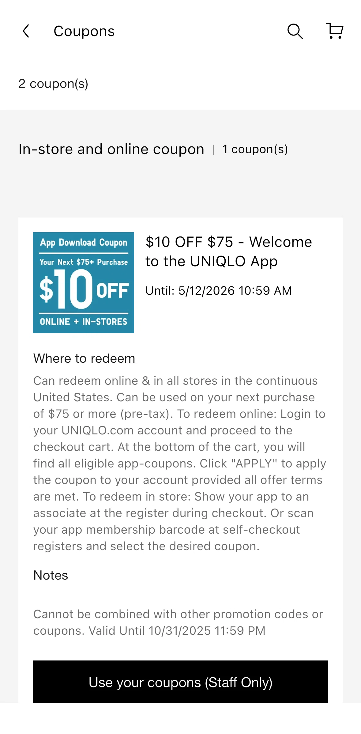 UNIQLO Screen screen in the Use a coupon flow