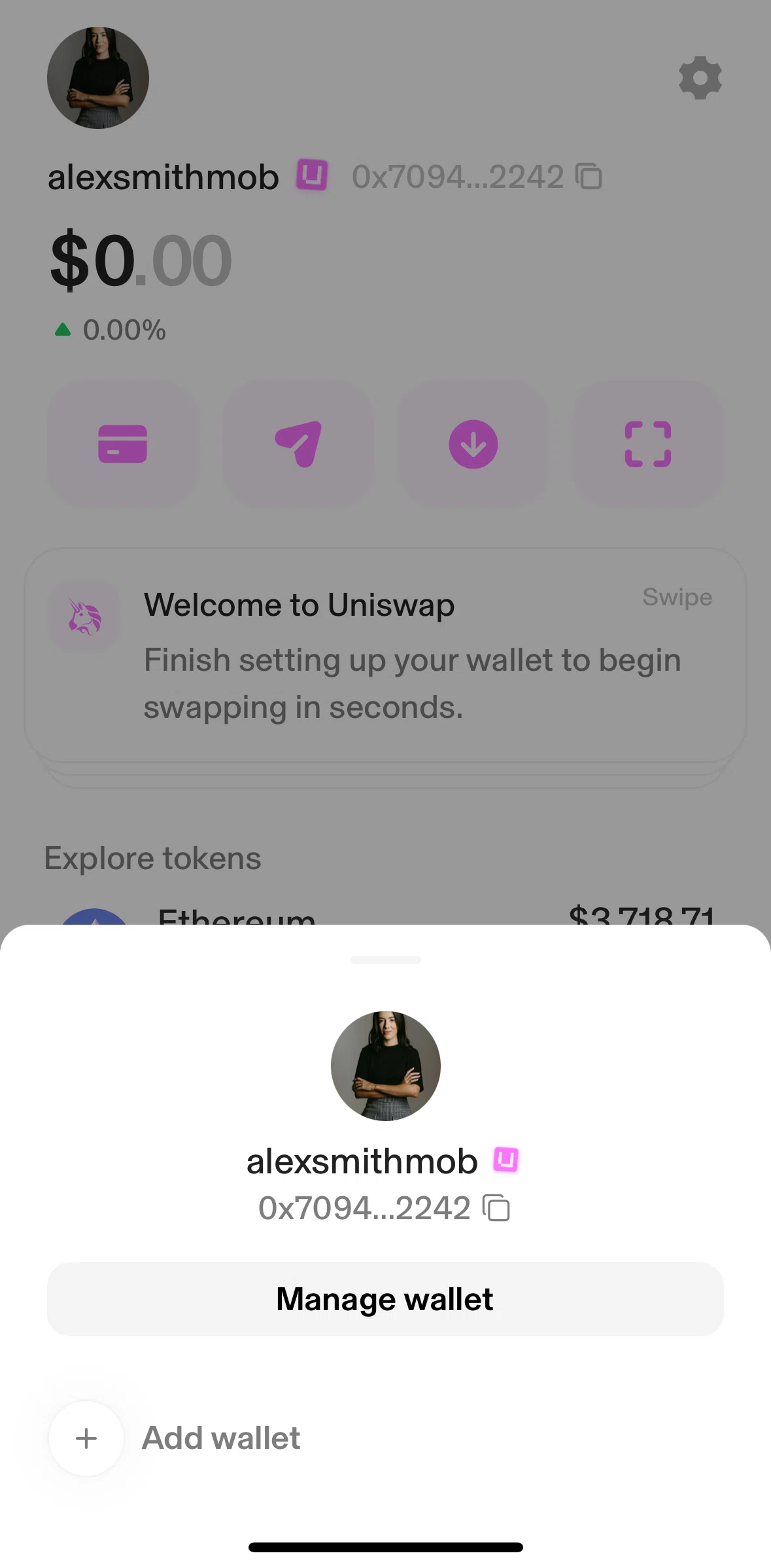 Uniswap Screen screen in the Manage a wallet flow