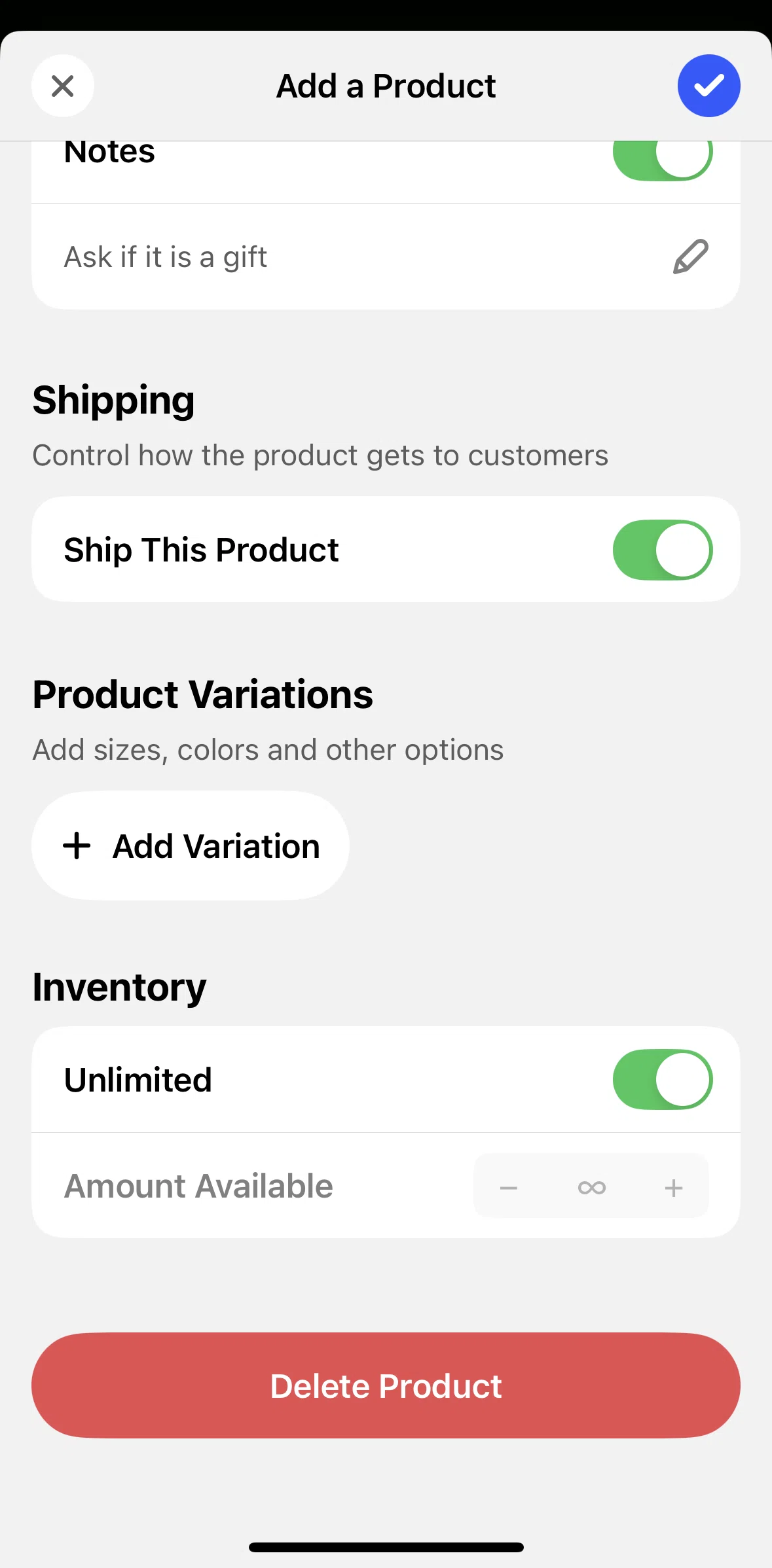 Universe Screen screen in the Adding a variation flow