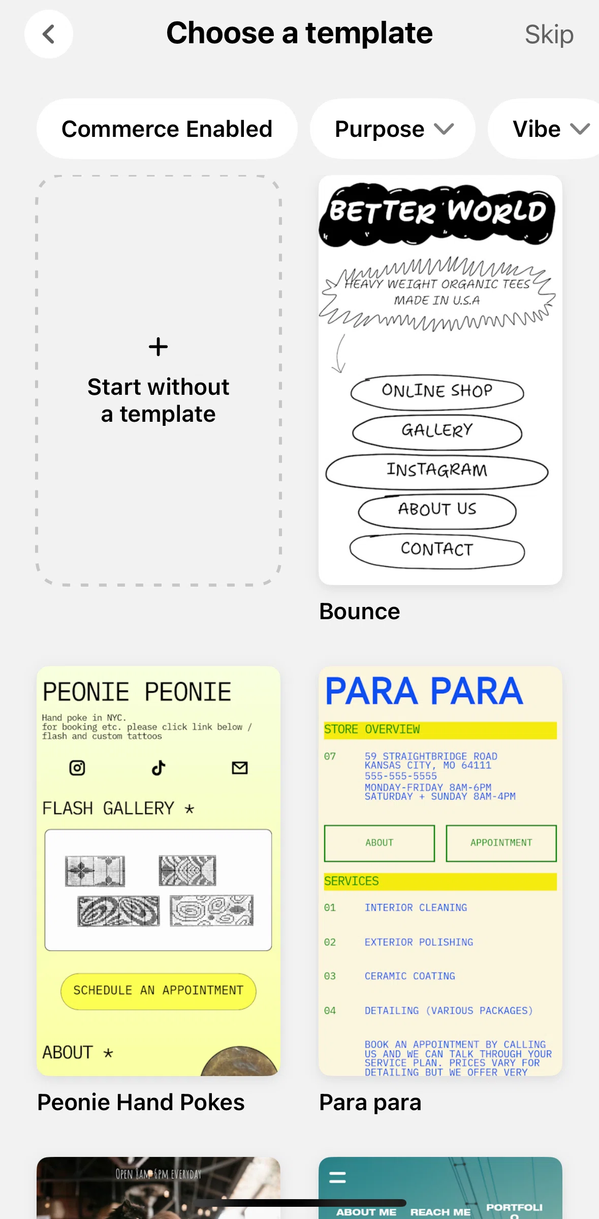 Universe Screen screen in the Creating a site flow