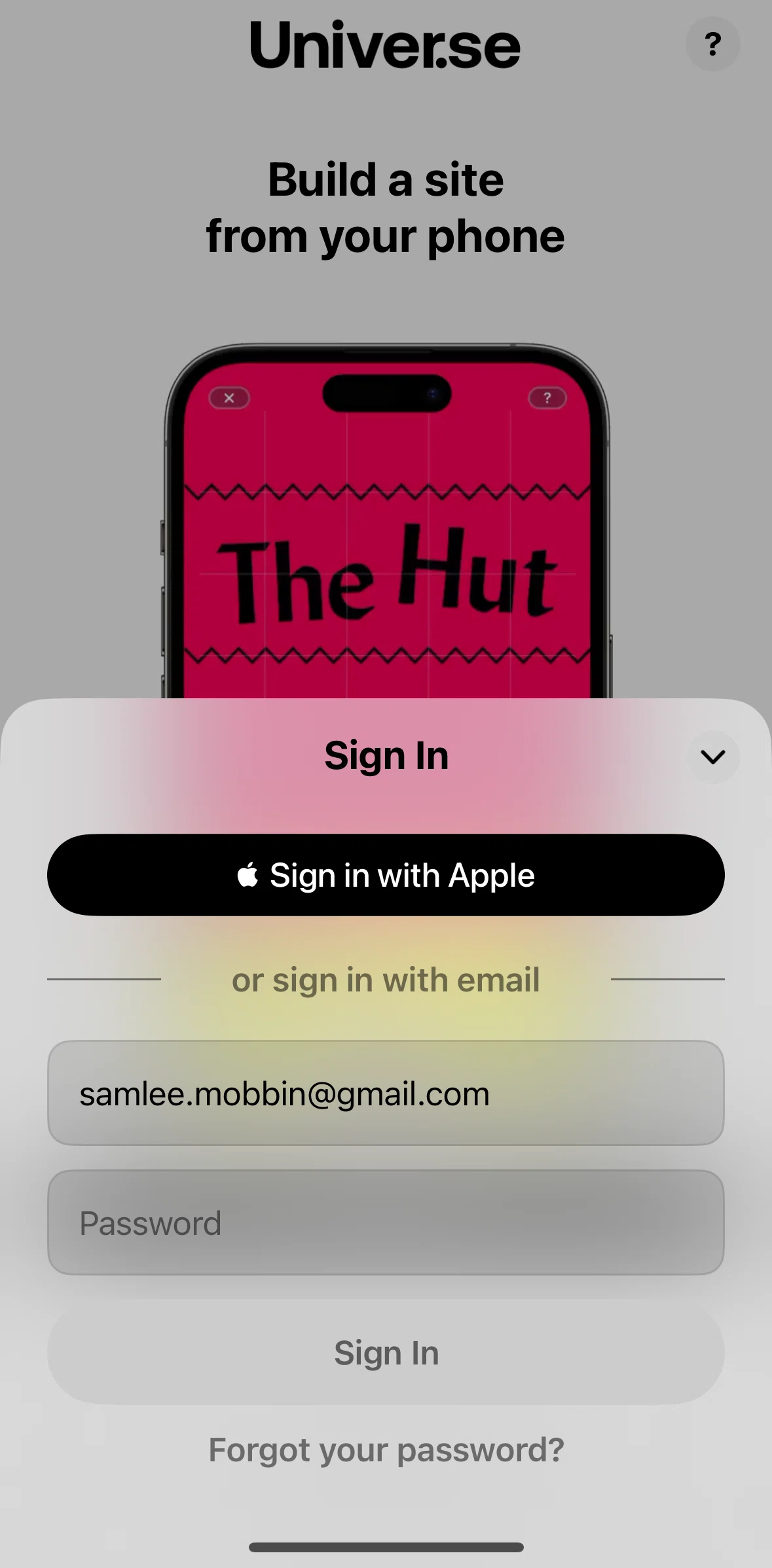 Universe Screen screen in the Logging in flow
