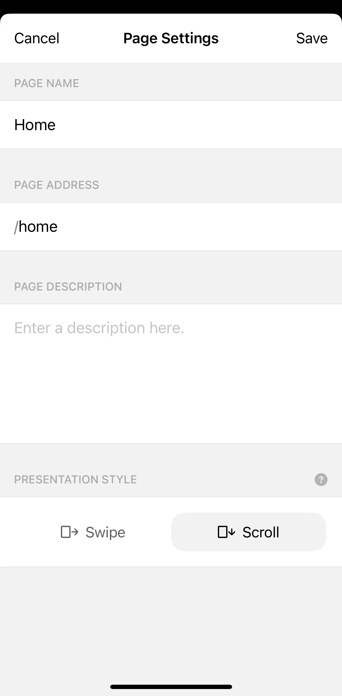 Universe Screen screen in the Presentation style info flow