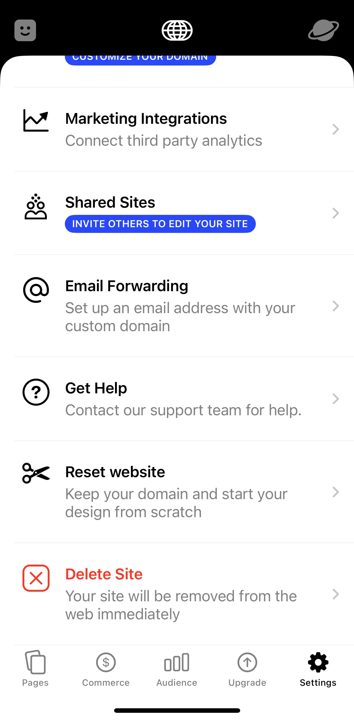 Universe Screen screen in the Resetting website flow