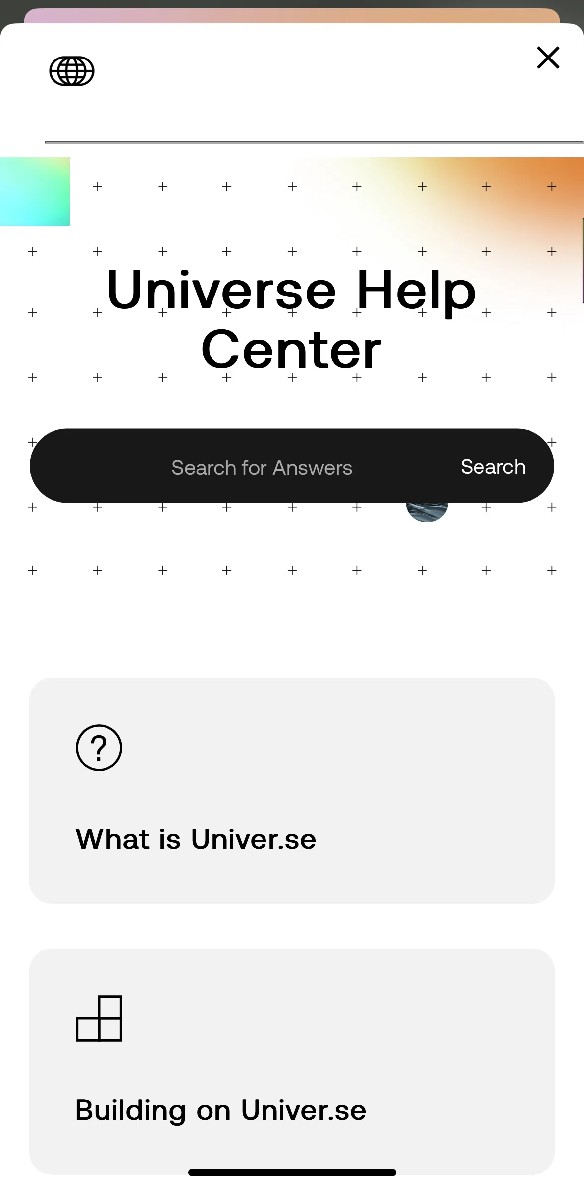 Universe Screen screen in the Searching help center flow