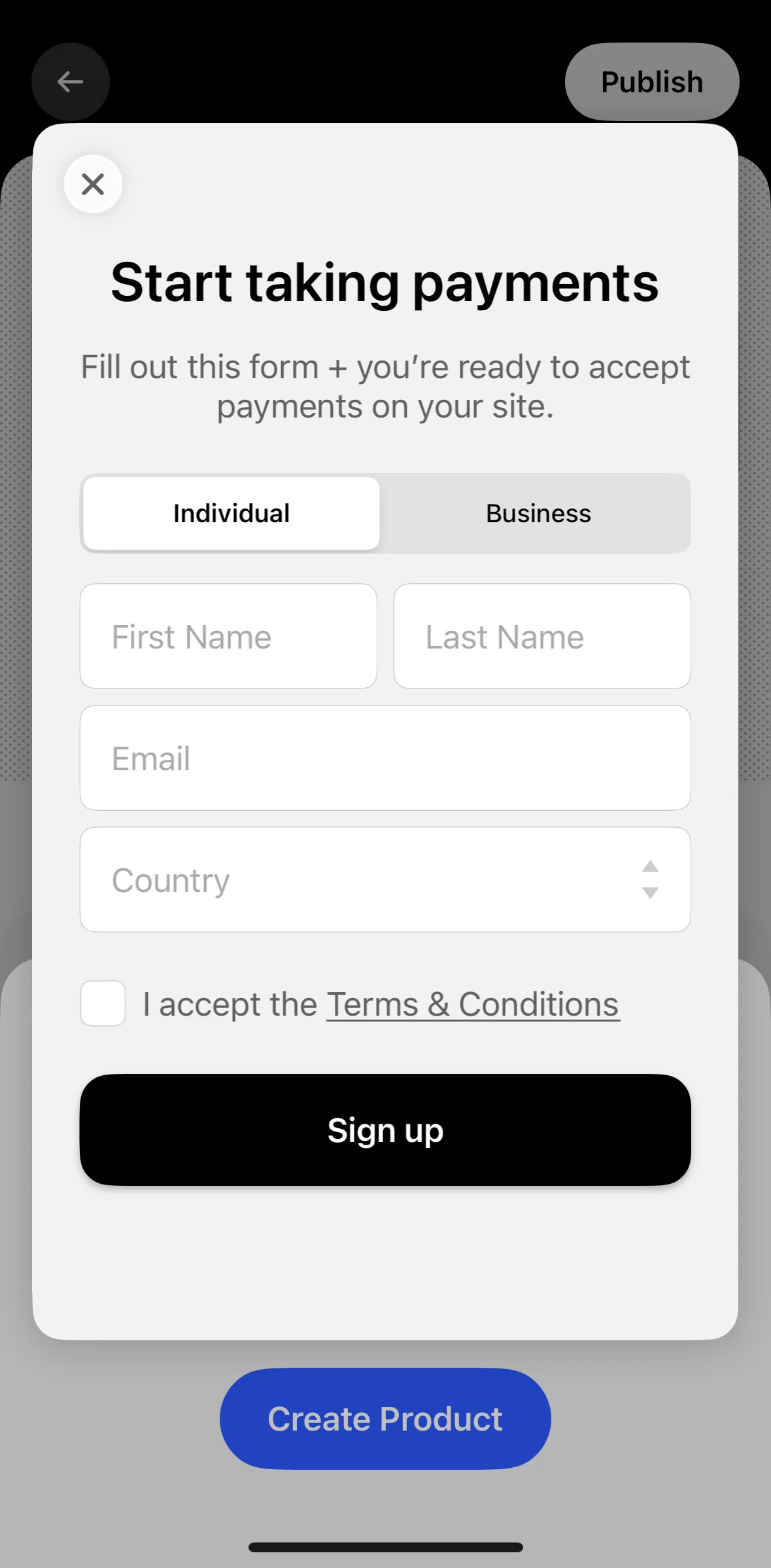 Universe Screen screen in the Setting up payments flow