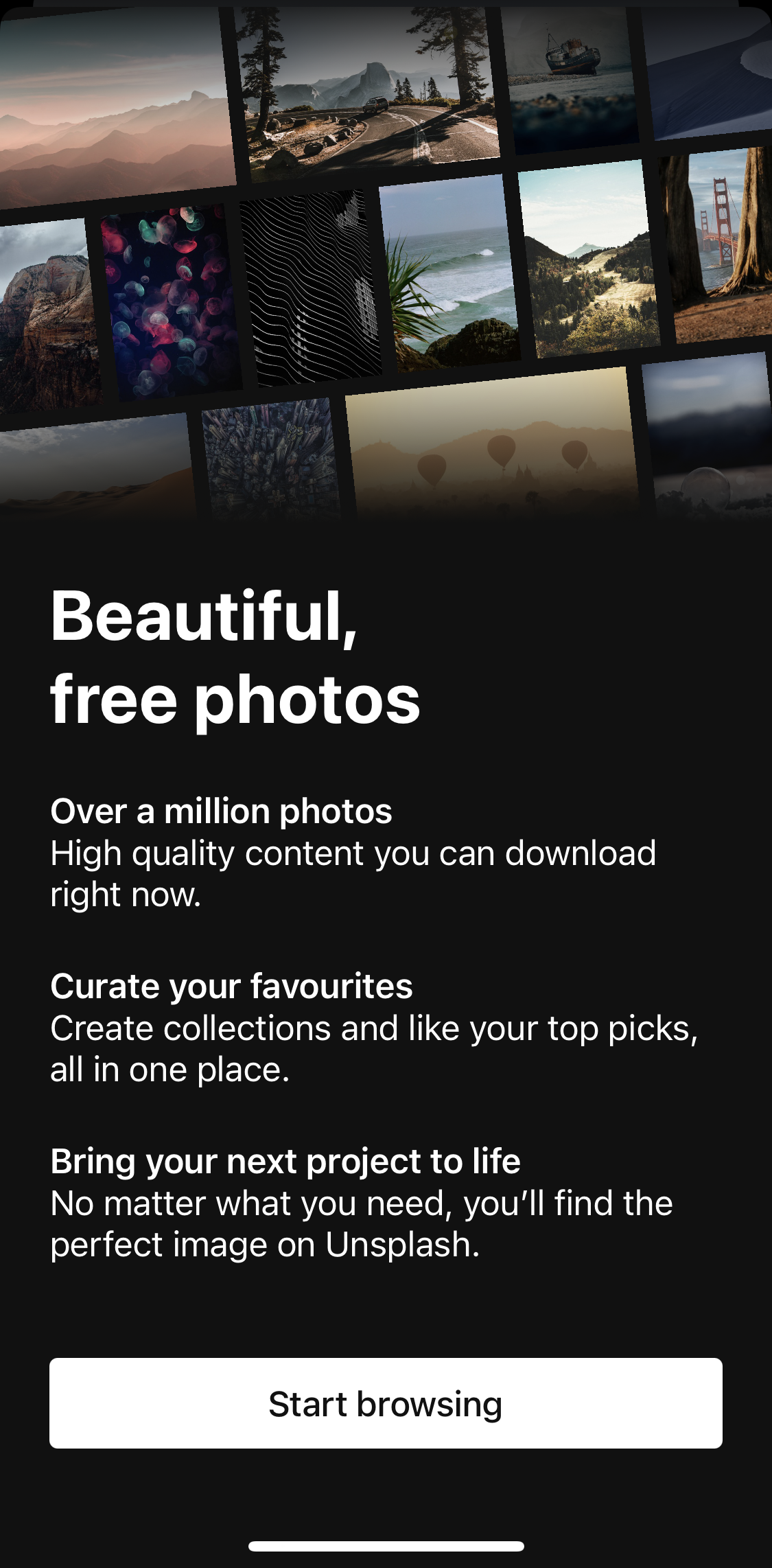 Unsplash Start screen screen in the General Browsing flow
