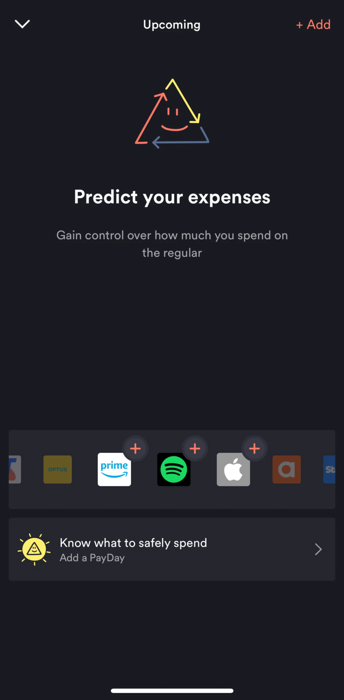 Up Screen screen in the Know what to safely spend flow
