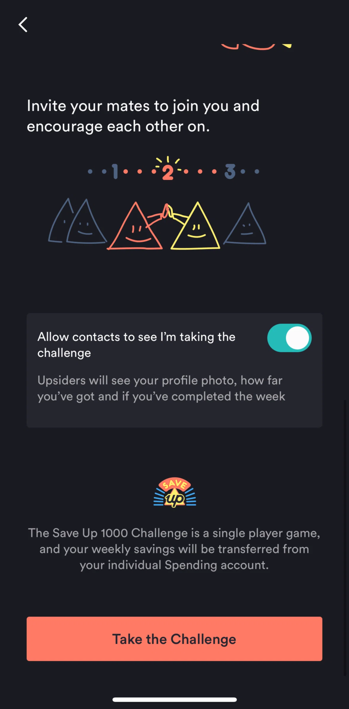 Up Screen screen in the Take the challenge flow