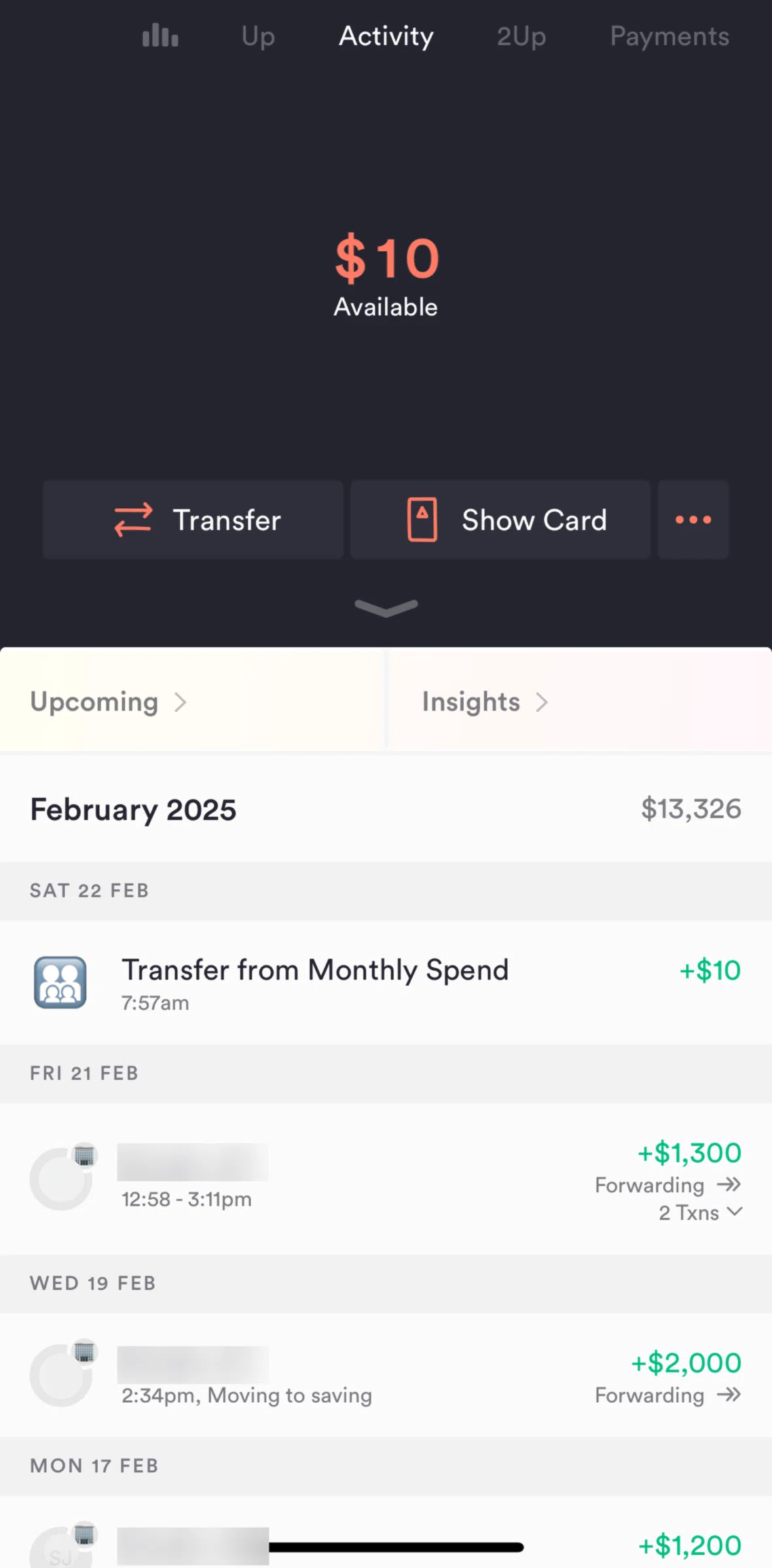 Up Screen screen in the Transaction detail flow
