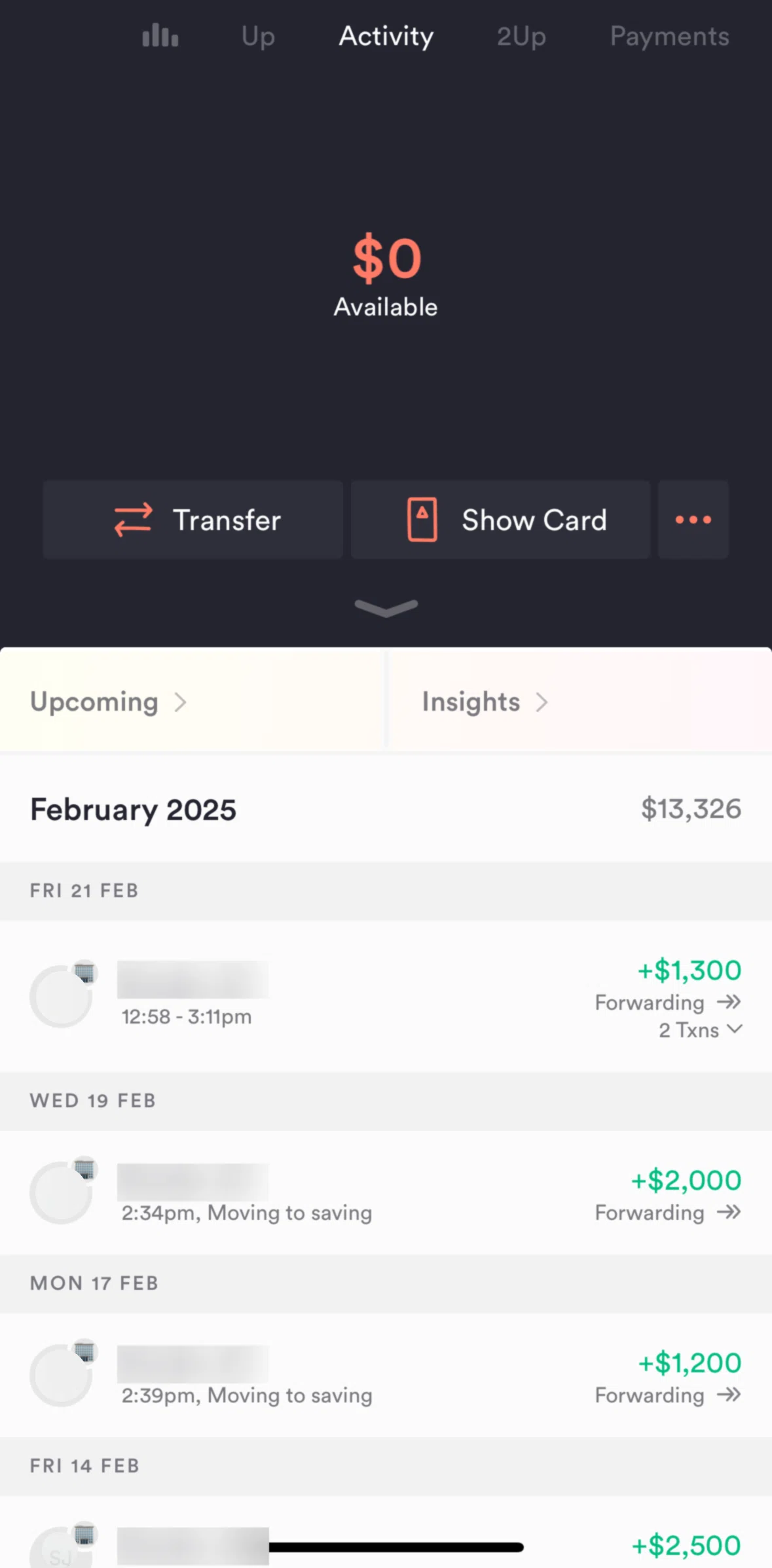 Up Screen screen in the Transferring money flow