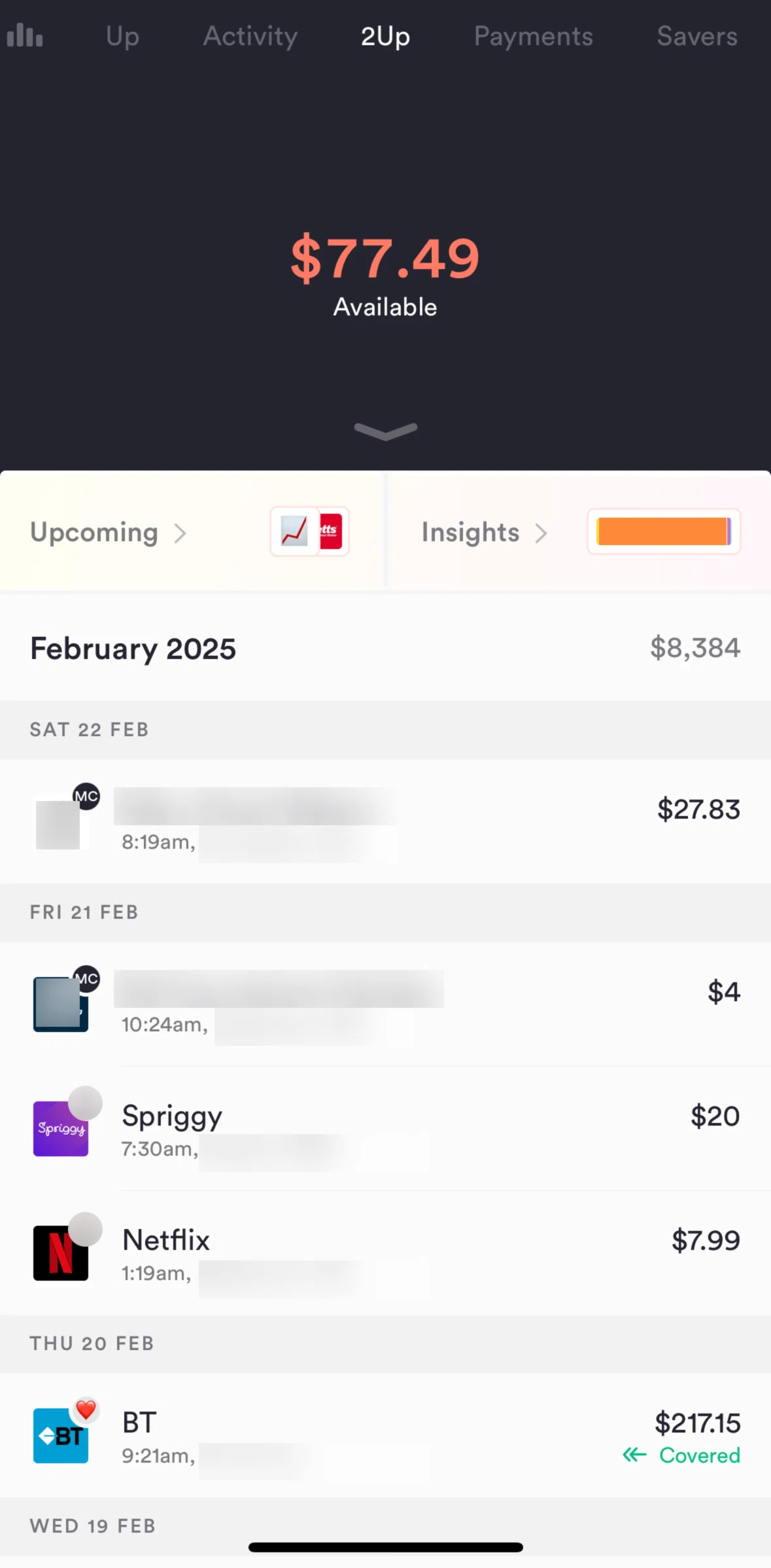 Up Screen screen in the Upcoming (2Up) flow