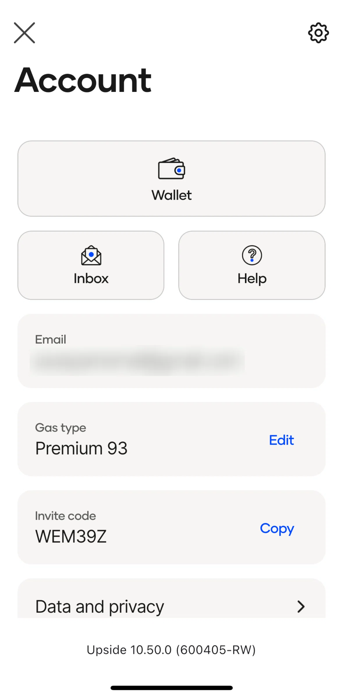 Upside Screen screen in the Account settings flow